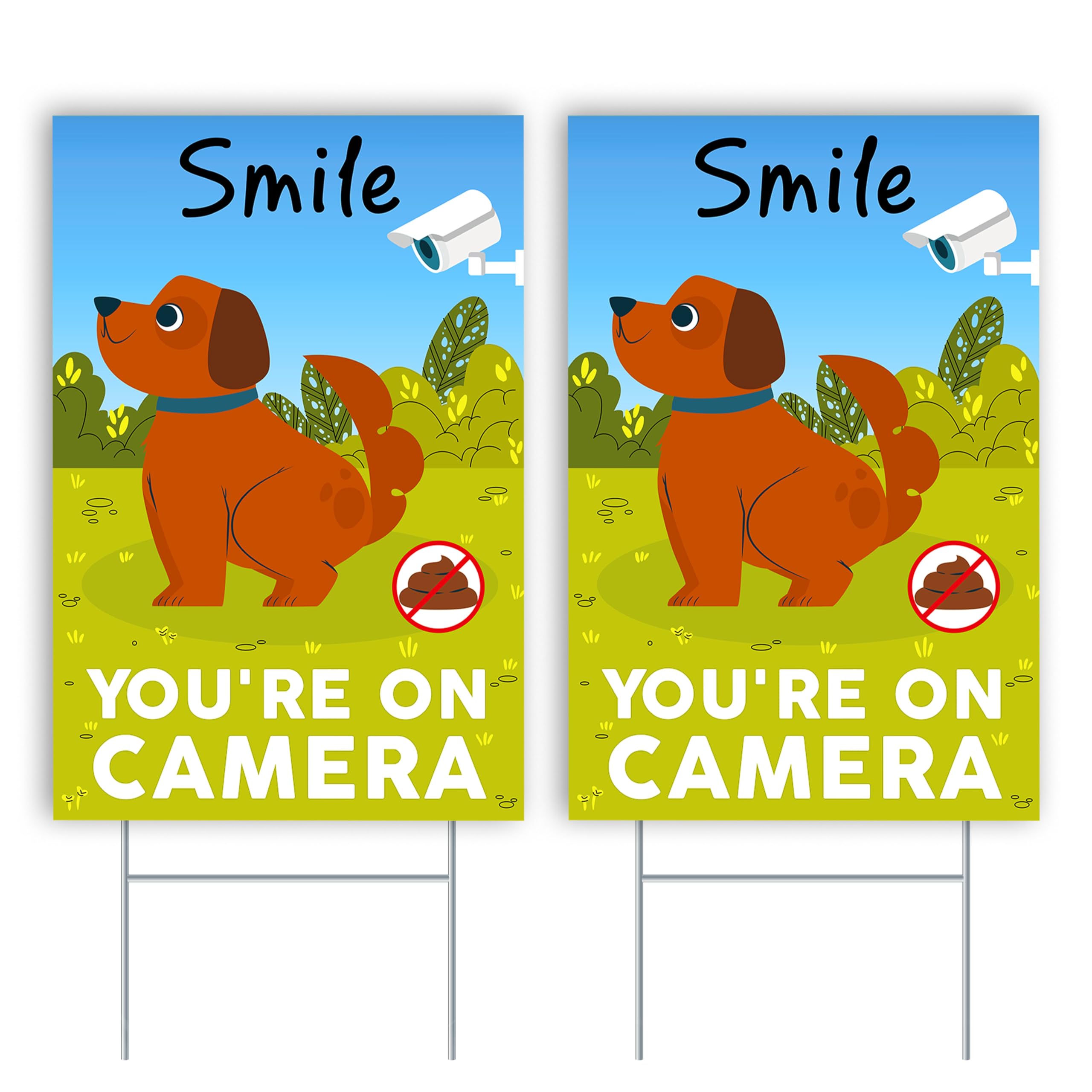 Dimarongton Smile You're On Camera Set 2 2 Pc Smile You're On Camera Signs - 8X12 Double Sided Coroplast No Dog Poop Signs For Yard - Surveillance Camera - Pick Up After Your Dog Sign