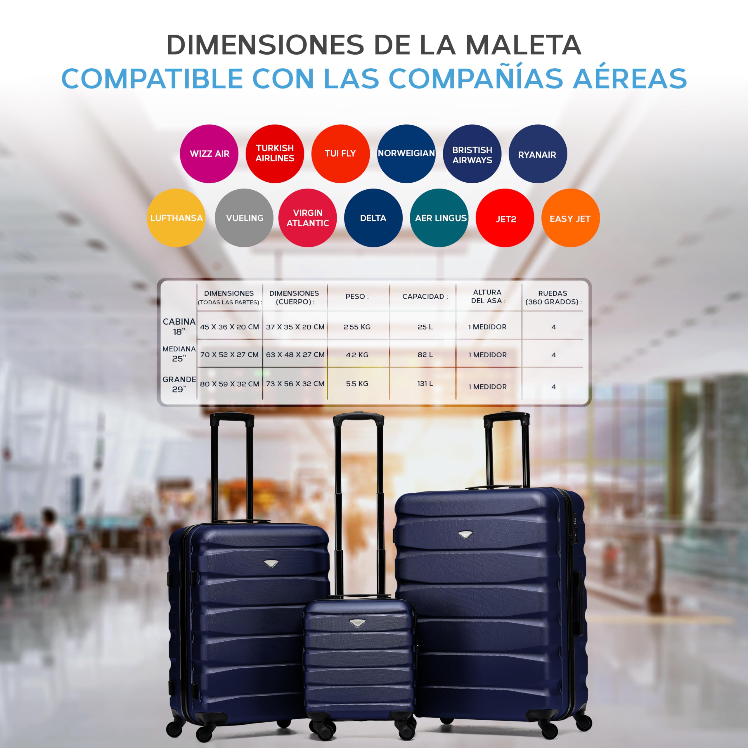 Flight Knight Maletas Rigidas ABS Ligeras de 4 Ruedas, Equipaje de Cabina y de Bodega Aprobadas Por Mas de 100 Aerolineas Como easyJet, British Airways, RyanAir, Virgin Atlantic, Emirates y Muchas Mas
