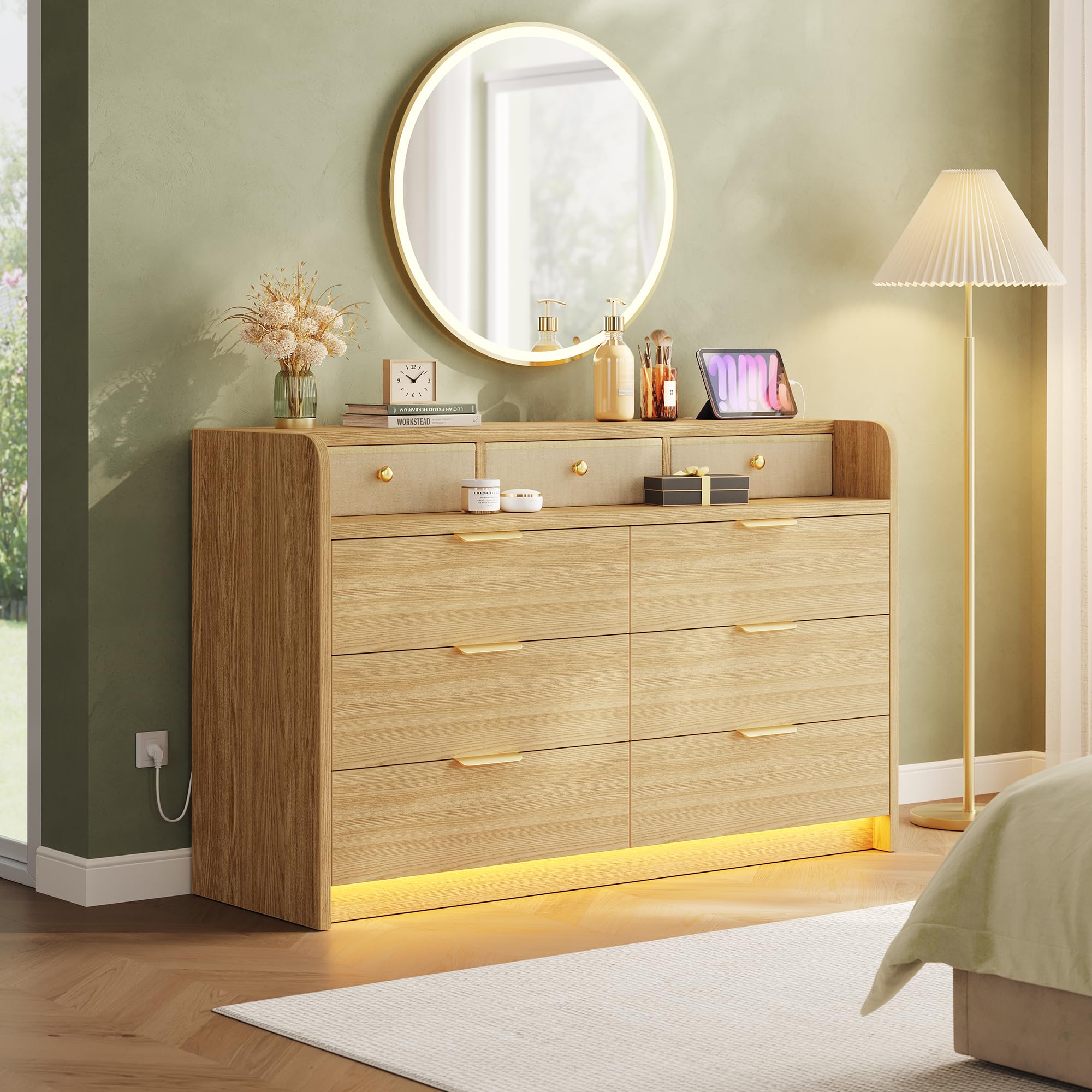 Photo 1 of ****missing some pieces and booklet***MapleGrace 53'' Wide 9 Drawer Dresser for Bedroom, Wood TV Stand Dresser with Power Outlets & LED Light, Chest of Drawers Closet Store Organizer for Living Room, Hallway, White