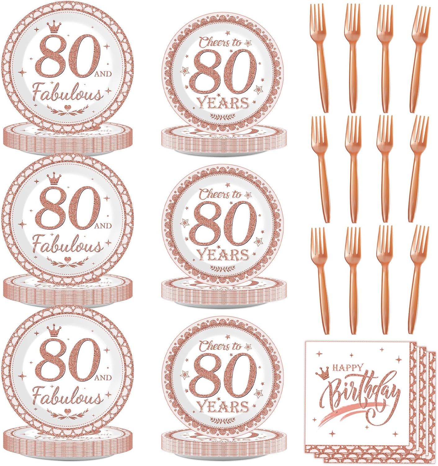 80th Birthday Decorations for Women 80th Birthday Plates and Napkins Rose Gold Party Supplies 80 and Fabulous Happy 80th Birthday Tableware Cheers to 80 Years Party Supplies for Women Girl 24 Guests