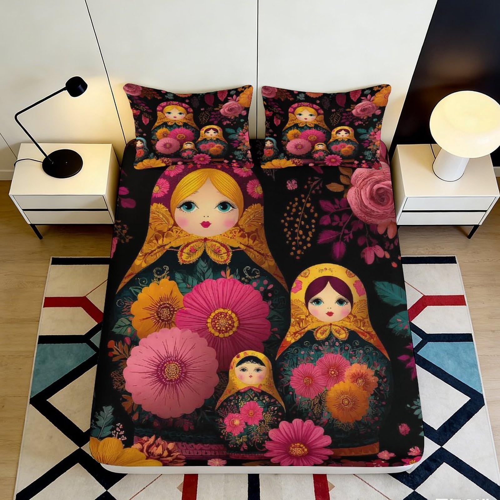 3D Printed Russian Doll Fitted Sheet Microfiber Soft Breathable Floral Pattern Bed Cover for Bedroom Dormitory Guest Room Mattress Protection 160x200x25cm