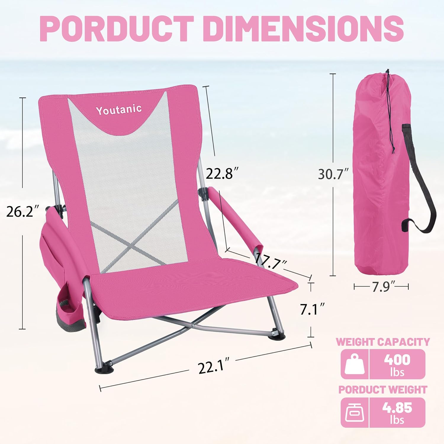 Youtanic Portable Beach Chair 2-Pack, 400 lbs Folding Camping Chair, Lightweight Low Profile Lawn Chair with Wide Seat, Cup Holder & Padded Armrests for Outdoor, Travel, Sand, Pink
