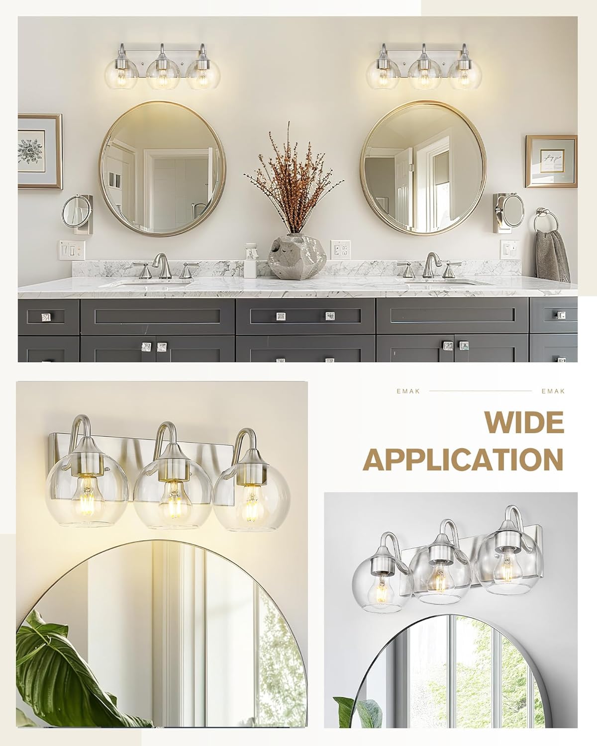 Emak 3-Light Bathroom Vanity Lights Over Mirror, Globe Bathroom Light Fixtures with Clear Glass Shade, Modern Brushed Nickel Vanity Light for Bath, Mirror, VL118-BN-CG-3