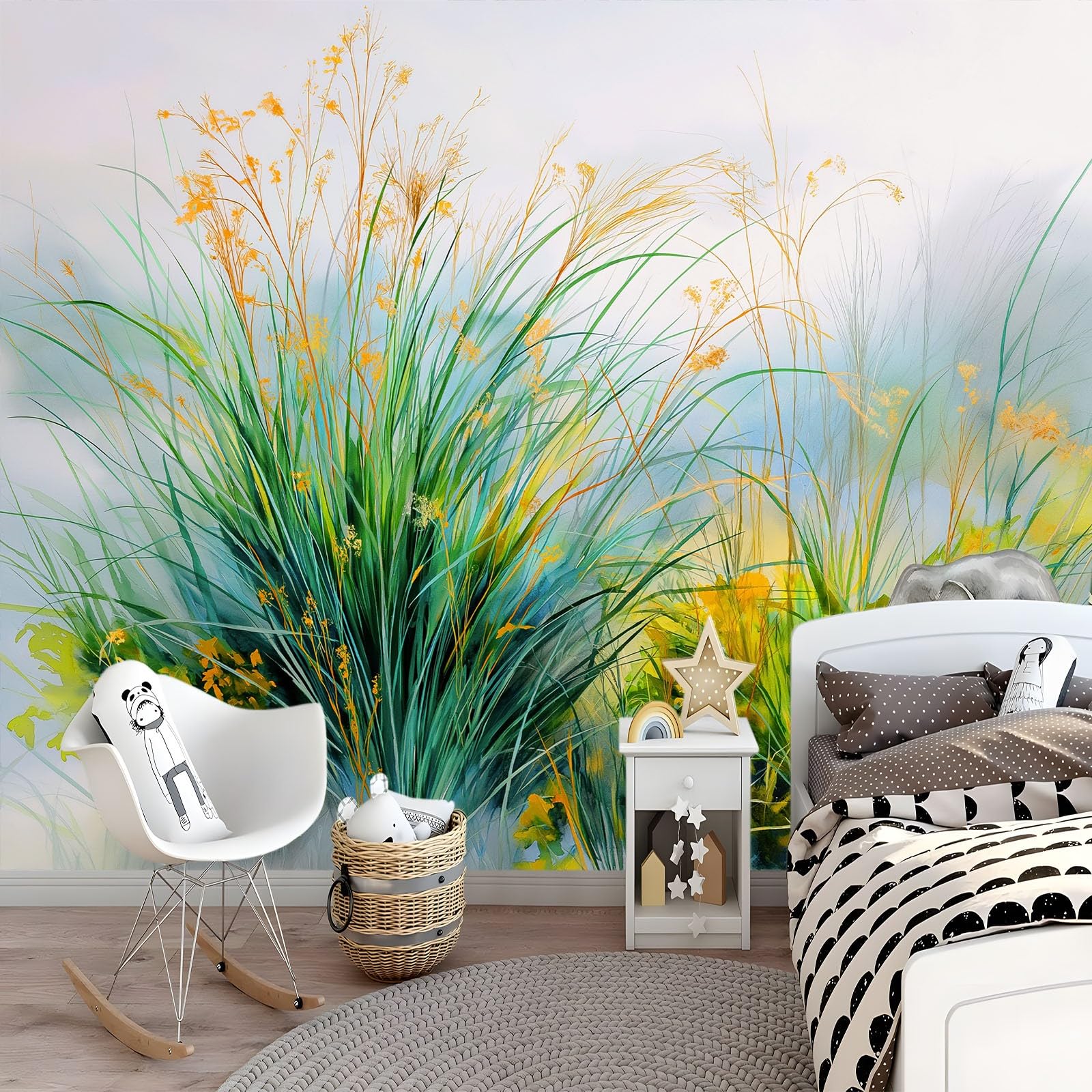 Fototapeta ścienna, natura, trawa, dzikie pola, mgła, nastrojowa, 200 x 140 cm, tapeta z włókniny premium, zielona, do sypialni, korytarza, salonu, salonu (nie samoprzylepna)