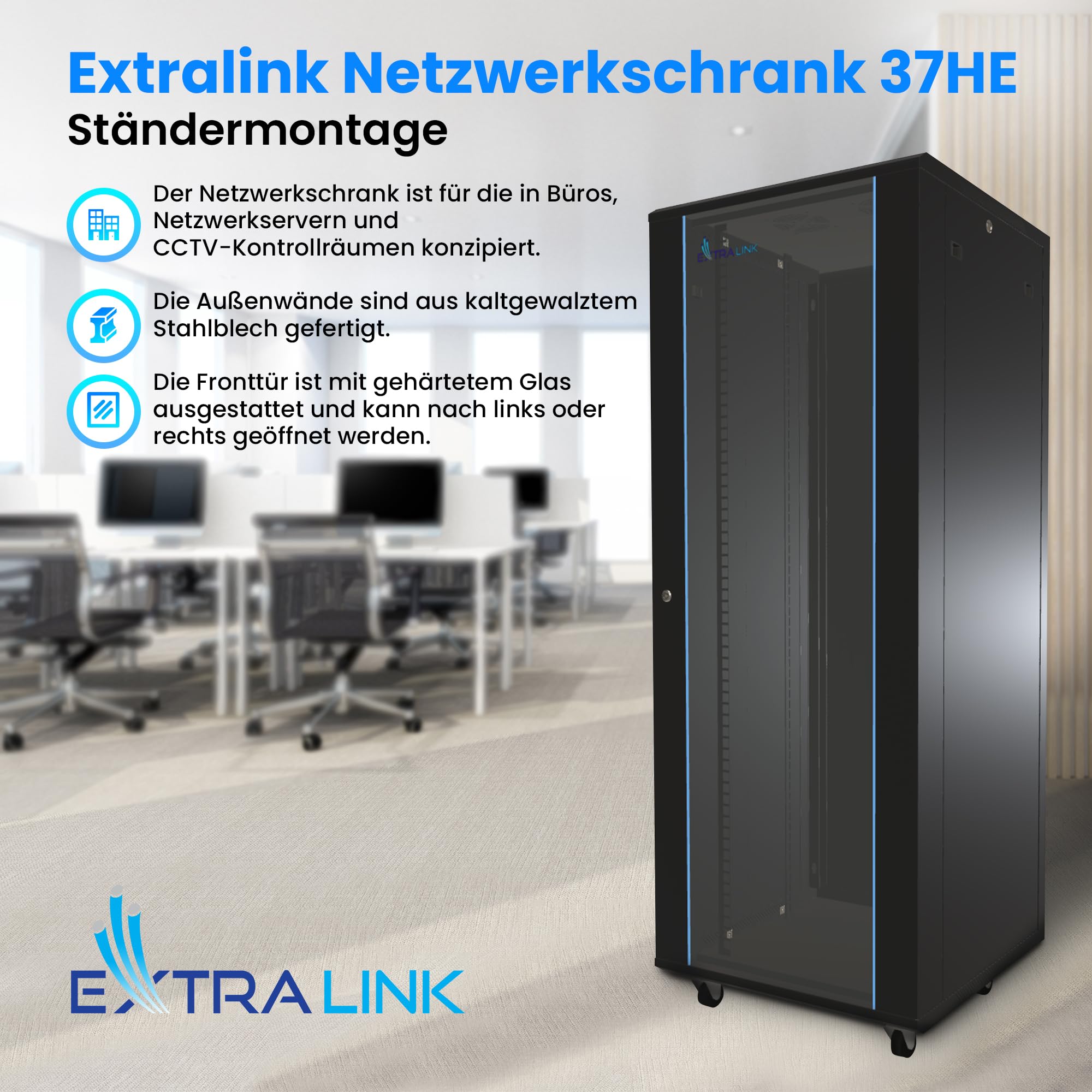 EXTRALINK 37U 600X1000 rack de pie, ideal para salas de servidores de red, control de CCTV, empresas, empresas de TI, fácil instalación, negro