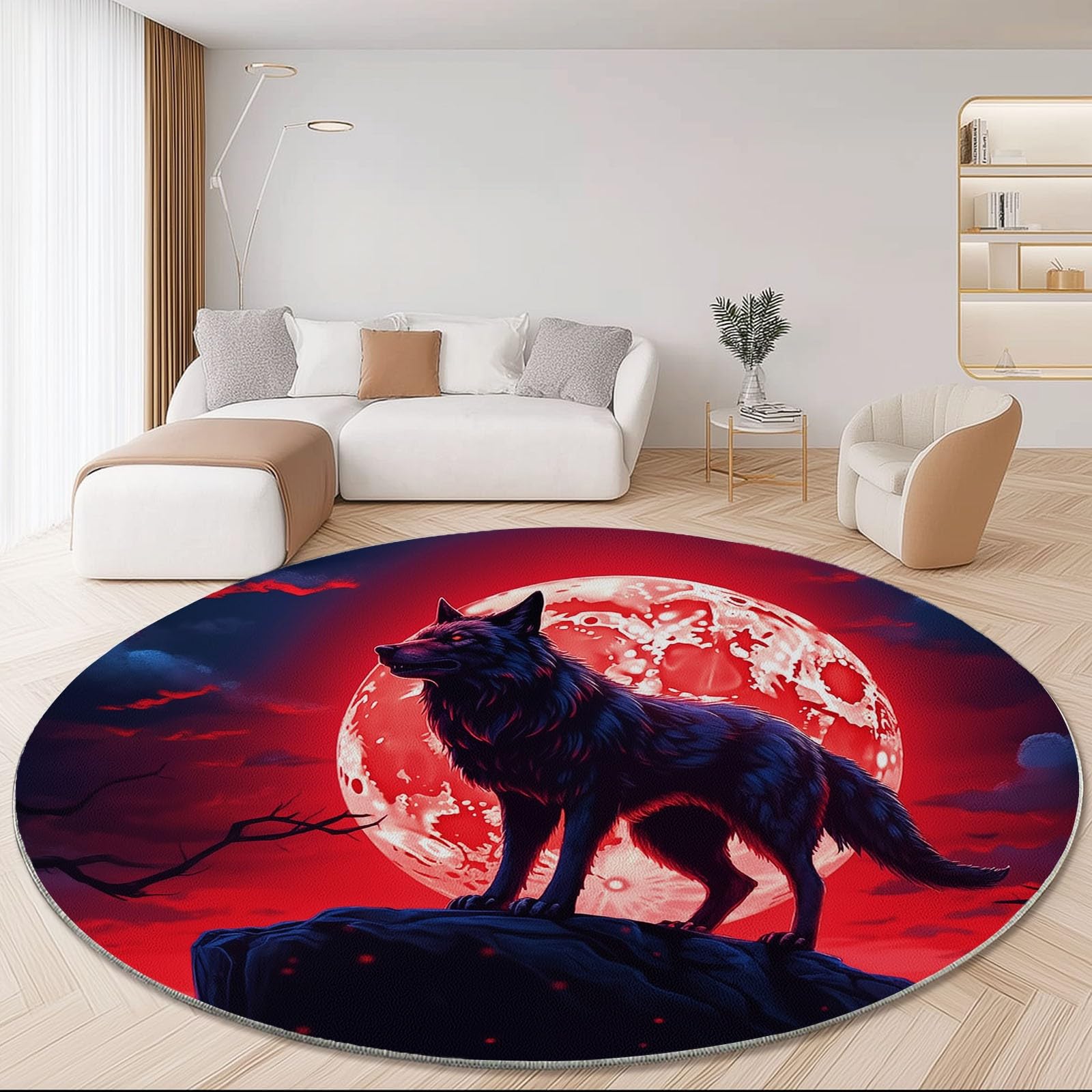 Générique Tapis Rond Salon 150 cm, Loup De Dessin Animé Fantastique Lune Imprimé Tapis de Sol Décoration Antidérapant pour Salon Chambre Cuisine Balcon Terrasse Salle à Manger Intérieur, Rouge Foncé