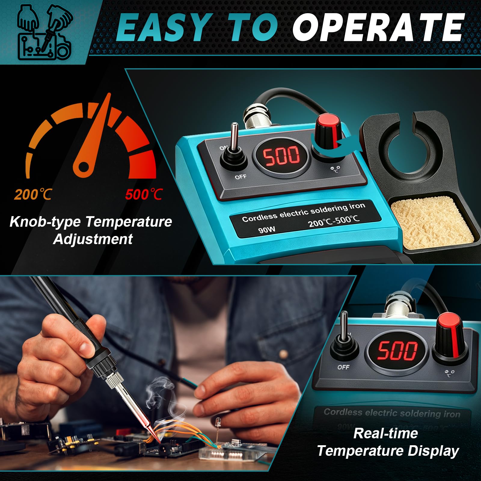Stazione Saldante a Batteria per Makita 18V (senza Batteria) | 90W, Kit Saldatore, Temperatura 200–500°C, Display LCD, 5 Punte, Bobina Filo, per Fai-da-te