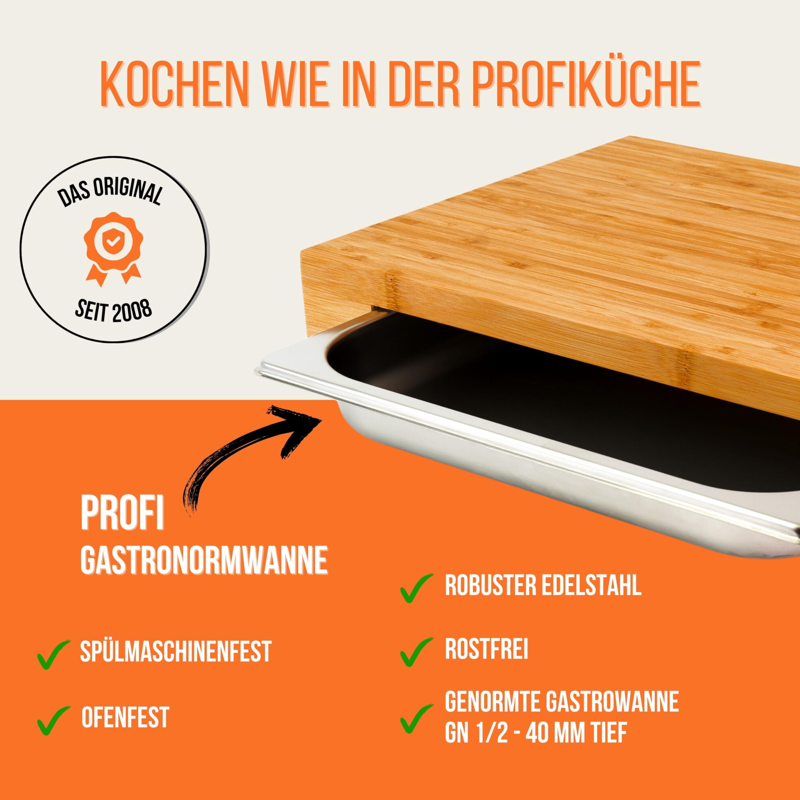 Schneidbrett mit Auffangschale "cube bamboo" Profi Holz Küchenbrett aus Bambus - Schneidebrett mit Auffangbehälter (Gastro Edelstahl Auffangwanne/Behälter), Bambusbrett Maße: 43 x 29 x 7 cm