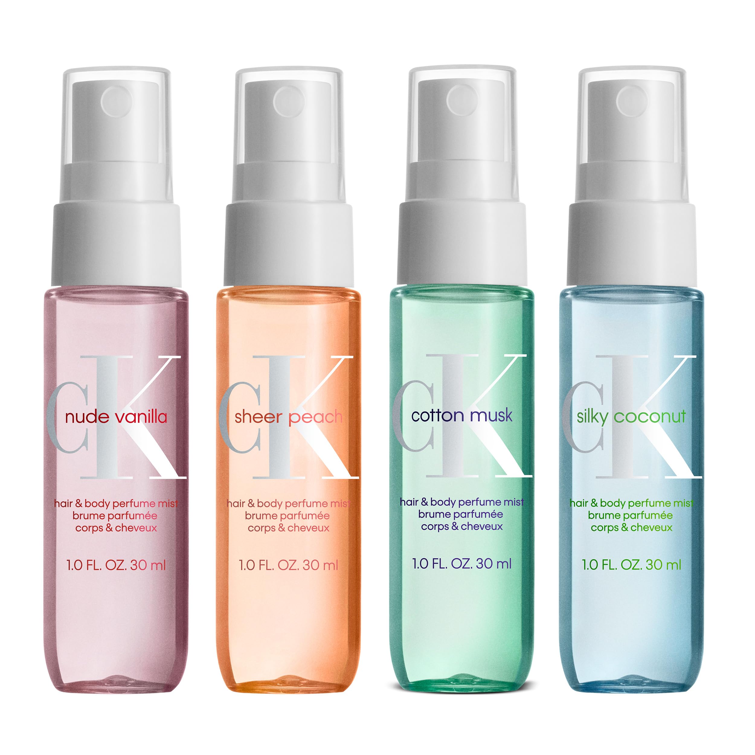 Calvin Klein Unisex Body Mist Collection for Hair and Body 4x30ml Travel Set in Nude Vanilla, Sheer Peach, Cotton Musk and Silky Coconut