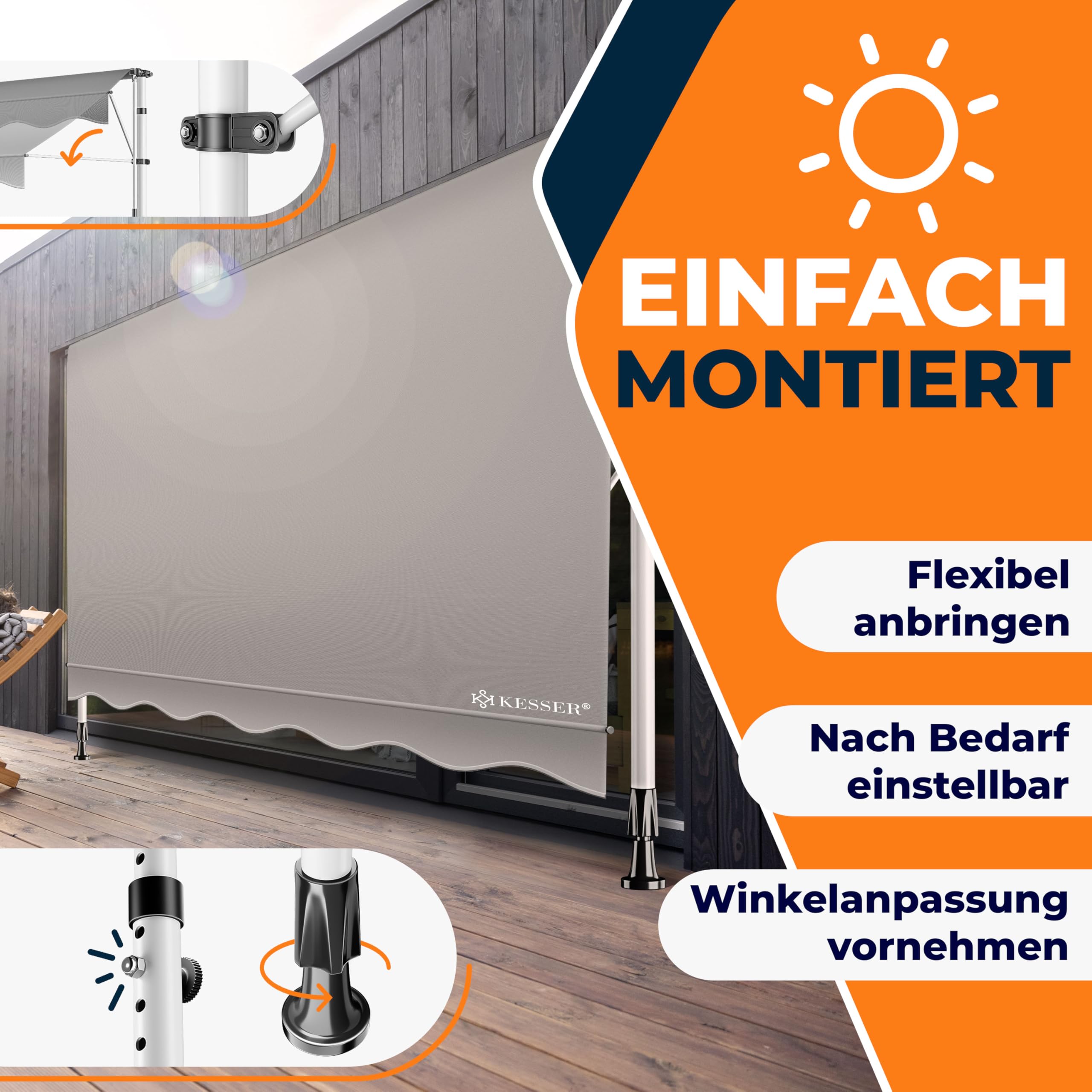 KESSER® Klemmmarkise mit Handkurbel Balkon | Balkonmarkise ohne Bohren | Markise UV-beständig höhenverstellbar & wasserabweisend | Sonnenschutz für Balkon Terrasse & Garten, Terrassenüberdachung 200cm