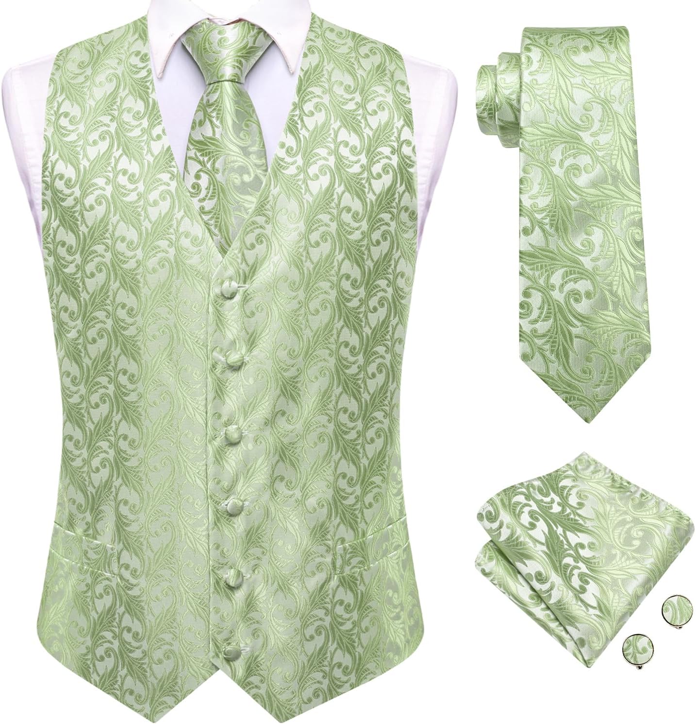 Hi-Tie 5PCS Mens Silk Suit Vests and Tie Lapel Pin Set Paisley Floral Waistcoat Necktie God Tie Clip Set Wedding Party