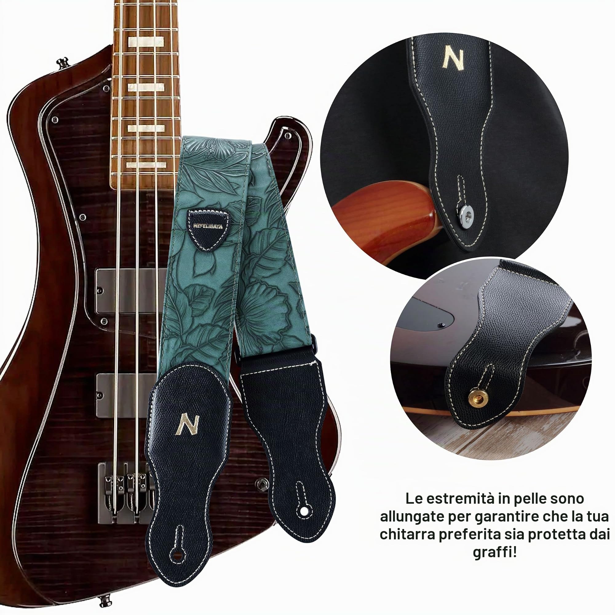 Nefelibata Tracolla per chitarra tasca per plettro, stile Porter in pelle vegana da 2,3 pollici, anni '60 west-vintage, con plettro per chitarra, bottone per la tracolla e blocco della cinghia