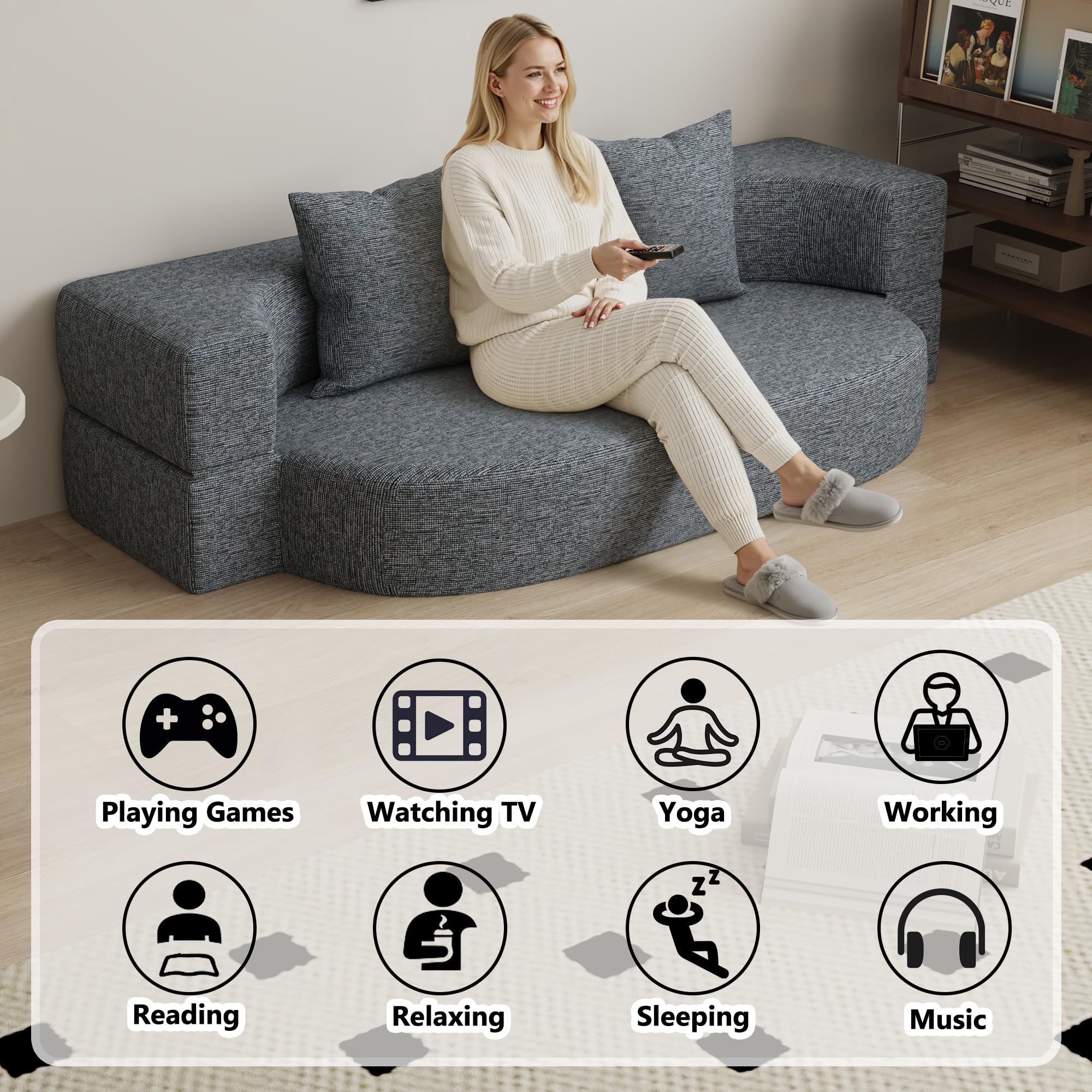 HENGJIANYI Folding Sofa Bed, Convertible Futon Sleeper Bed, 2-in-1 Foldable Floor Mattress with 2 Pillows, Breathable High-Density Foam Lazy Couch, Twin Size Comfy Lounge Chair, Dark Gray