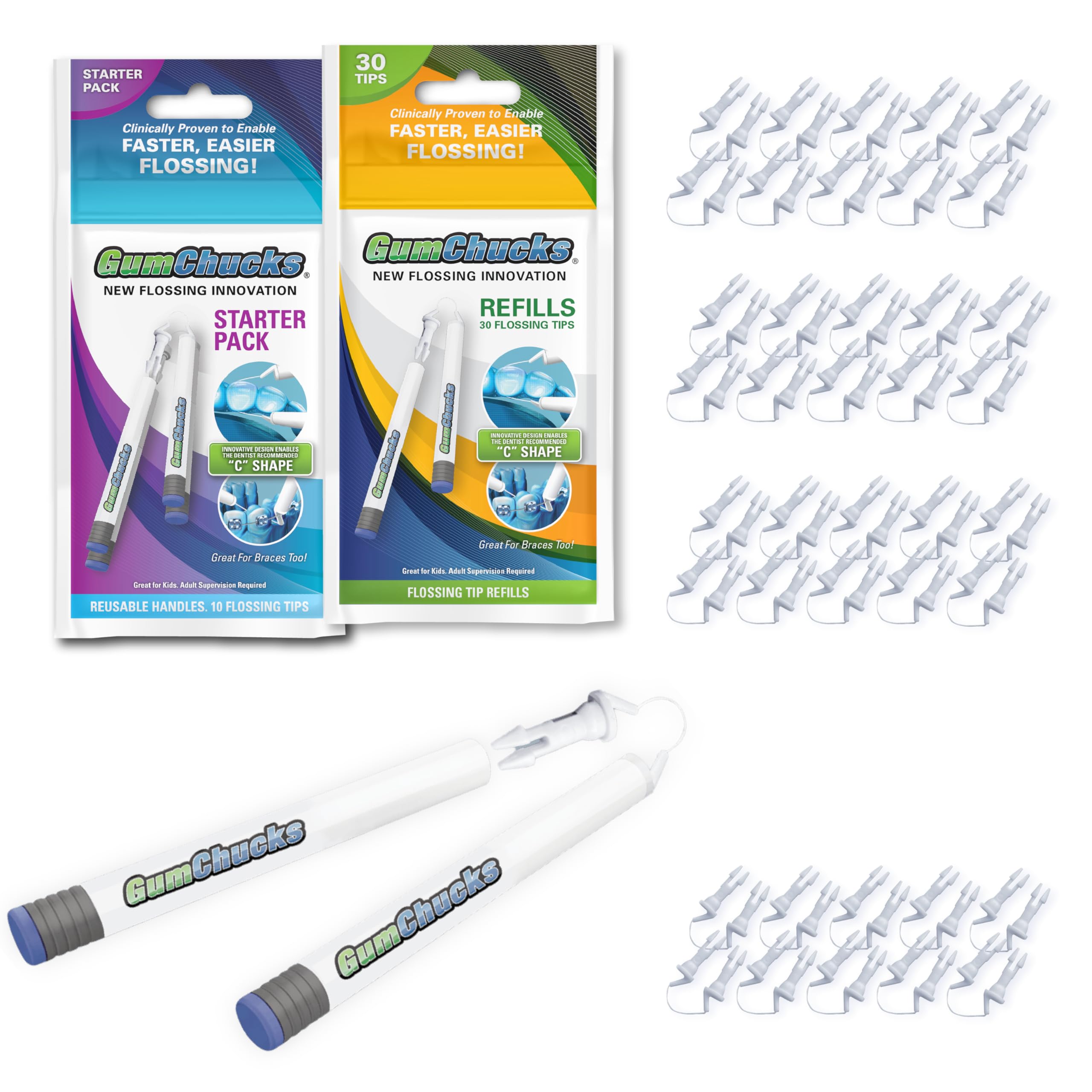 GumChucks Floss for Teeth - Flossing for Kids and Adults - Orthodontic Flossers for Braces - Dental Gum Floss Picks for All Ages (Starter Pack Bundle)