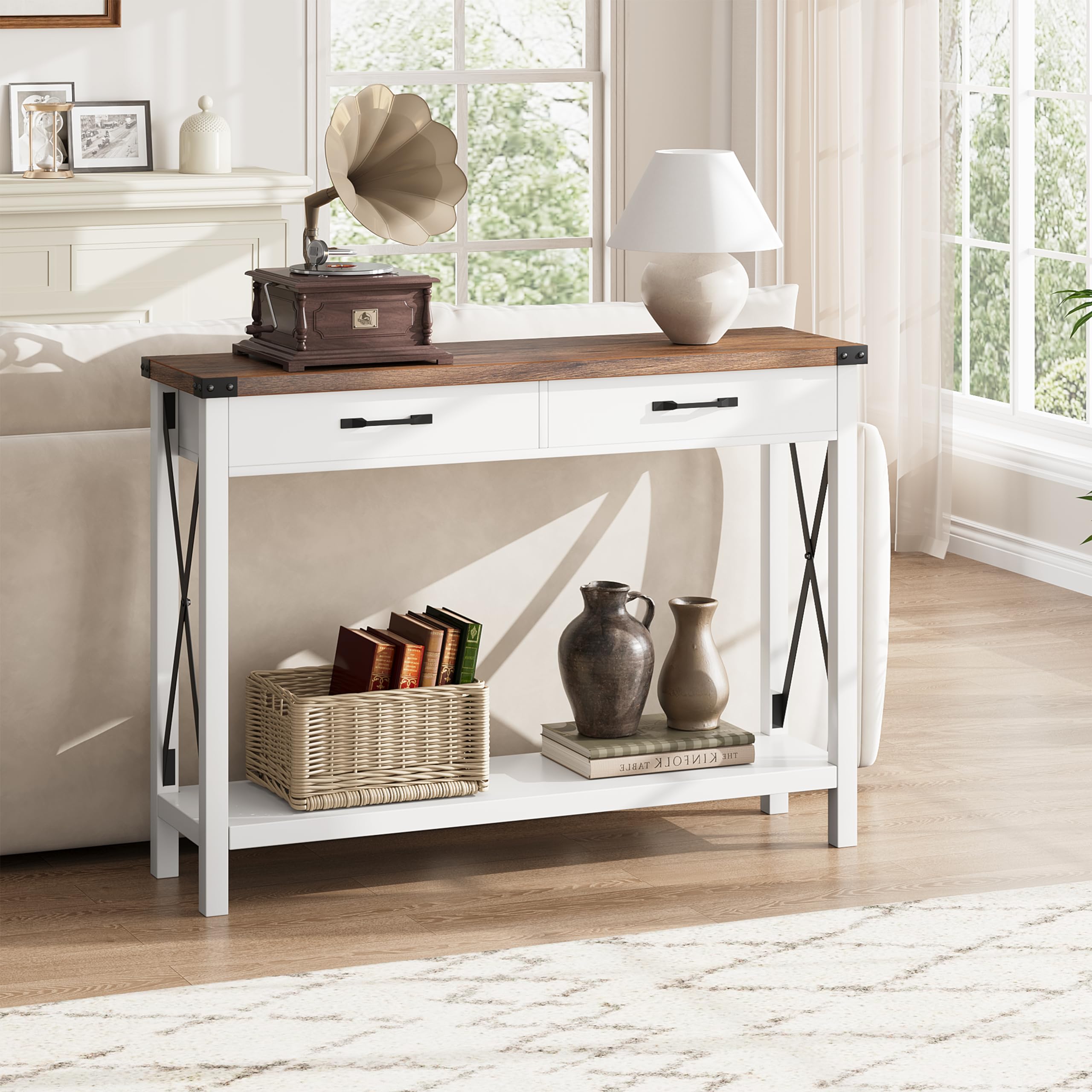 Garvee Mesa Consola Estrecha Estilo Rústico con 2 Cajones y Estante, Mueble Recibidor y Salón, Madera MDF Blanco y Marrón 109x30x79 cm