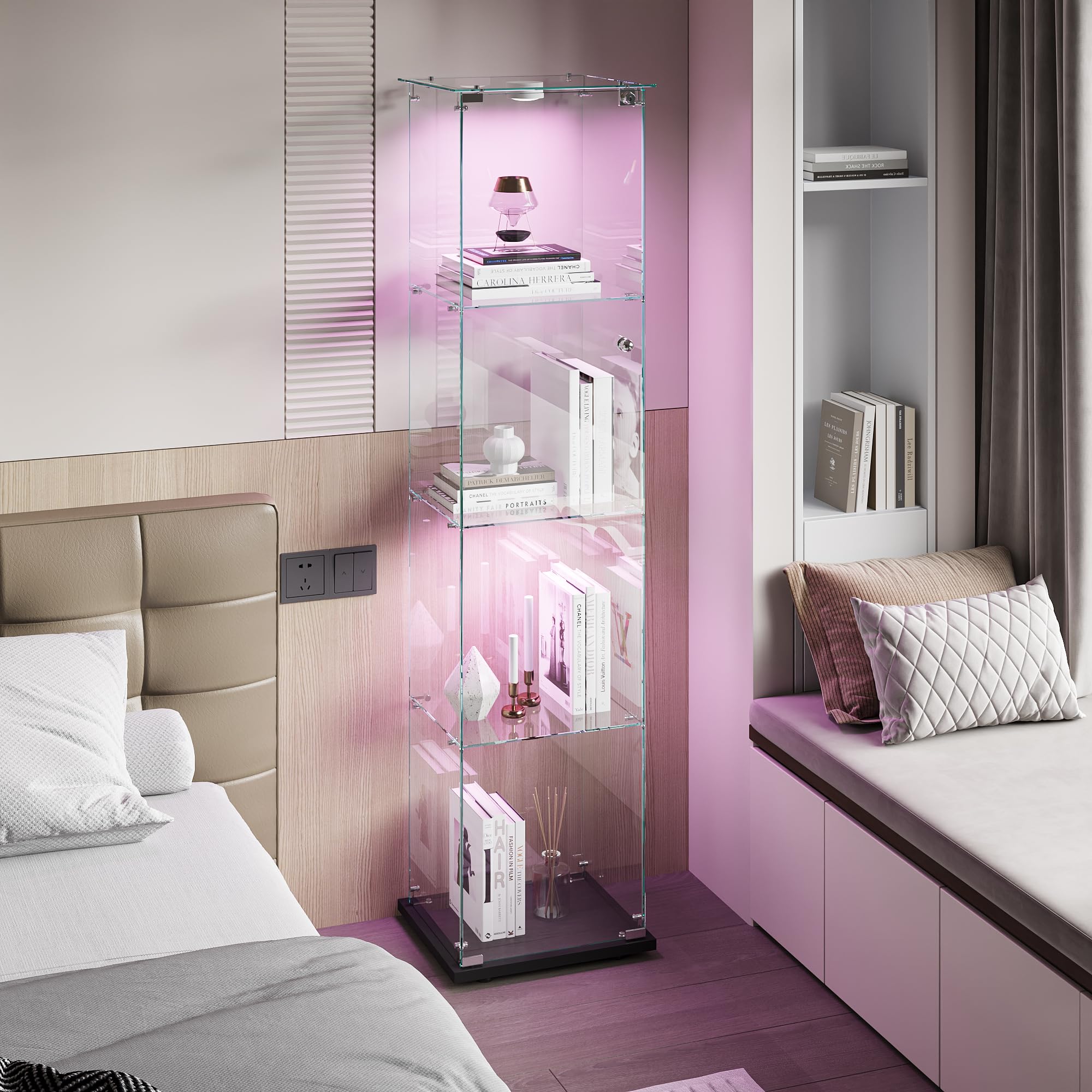 Vitrina Expositora para Colecciones Grande, vitrina de Cristal con luz 163x35x39.8 cm Vitrina Expositora con led 1 Puertas 4 Estantes vitrina expositora transparente (1puerta 4planta, Negro A)