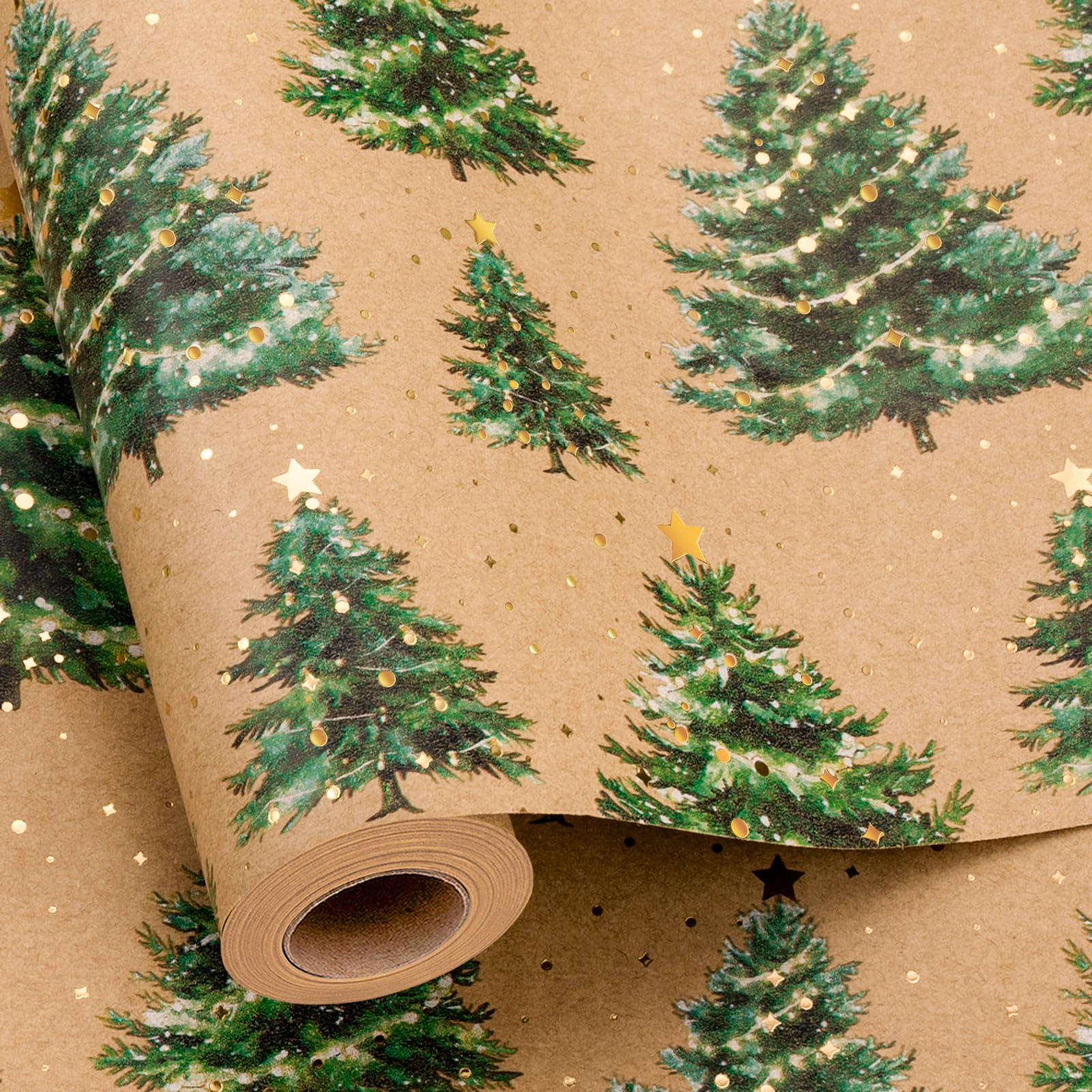 Yarcony Kraft Christmas Wrapping Paper, Green and Gold Wrapping Paper, Luxury Gold Foil Christmas Tree, Star Design Brown Thick Holiday Gift Wrap for Present Packaging, Crafts (17 Inch X 33 Feet)