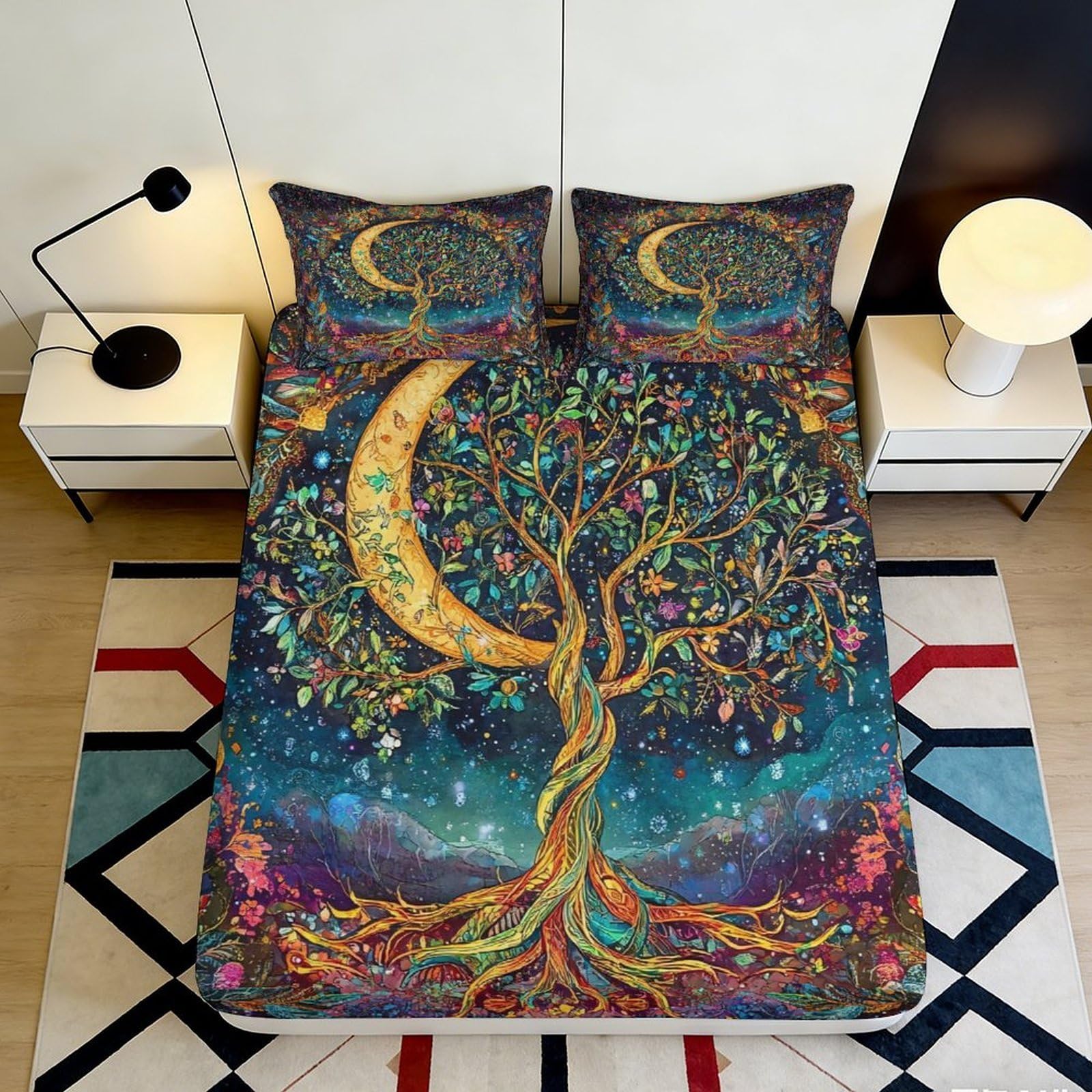 3D Printed Fantasy Moon Tree Fitted Sheet Microfiber Deep Pocket Bedroom Bedding Moon Tree Mattress Fitted Cover Non-Slip Washable 90x200x25cm