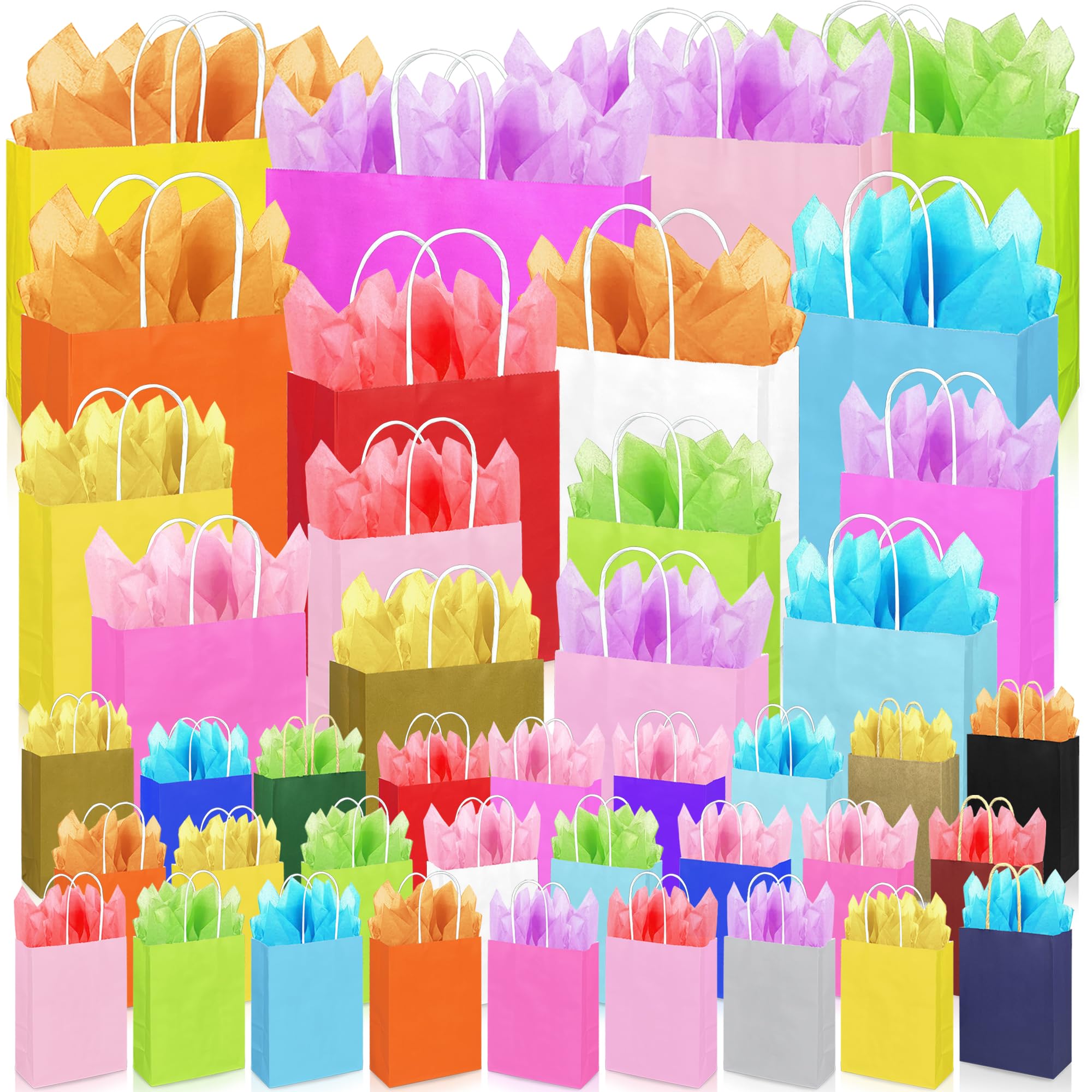 84 PCS Assorted Sizes Gift Bags with Handles 42 Gift Bags 4 Sizes 20 Colors 42 Tissue Papers 6 Color for Birthday Bridal Shower Christmas Party