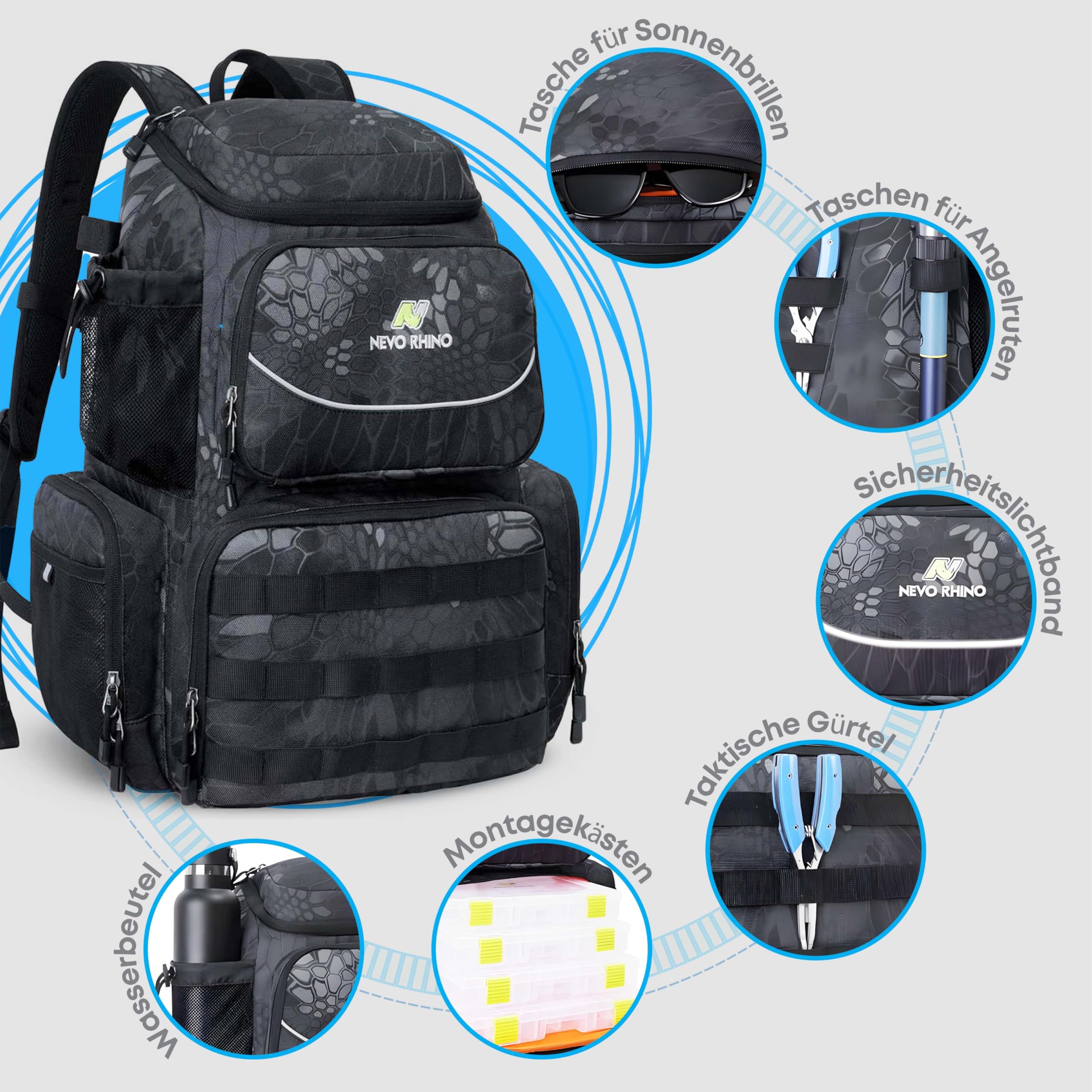 Angelrucksack mit Inklusive Boxen – Gerätekoffer mit Fächern – Ideal für Brandungsangeln, Karpfenangeln und Spinnfischen – Wasserabweisende Angeltasche mit Großer Kapazität