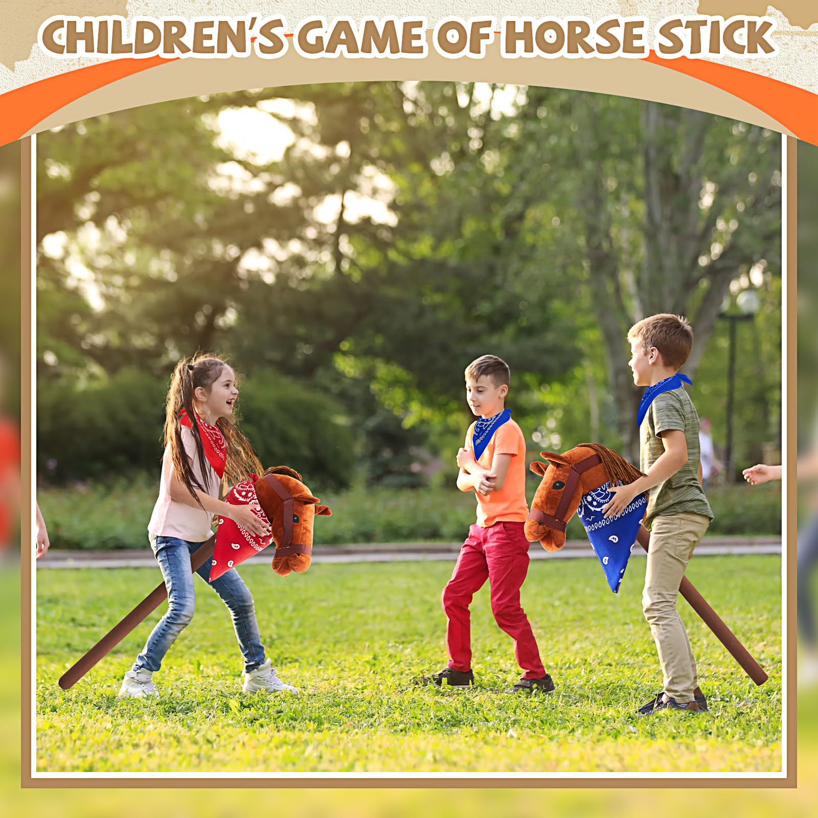 Juego de 8 unidades de palo de caballo marrón claro con sonido rojo y azul Bandana Set de juguetes Stick Horse Western Cowboy Bandana Cabeza de caballo palo con sonido vecino para niños y niñas 6