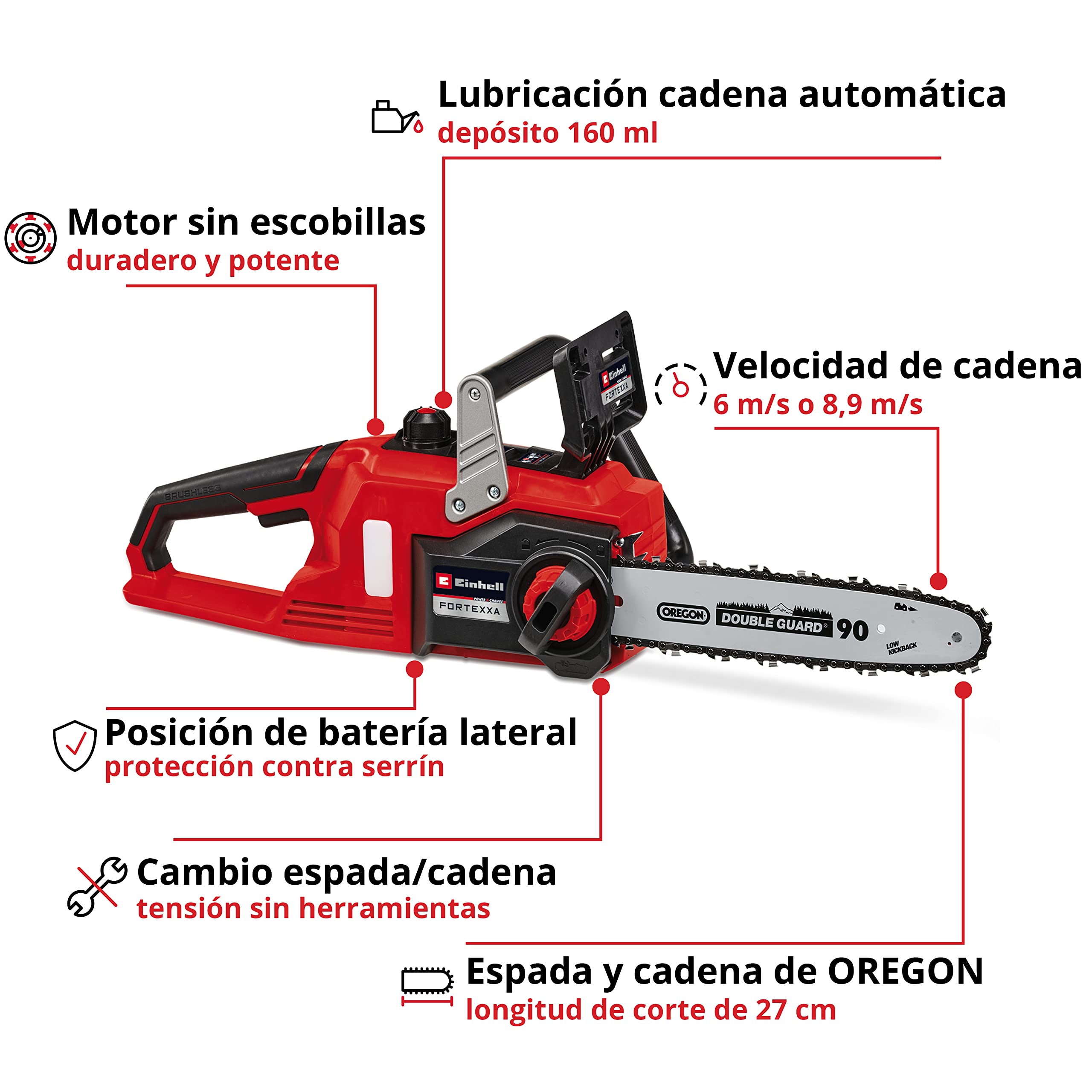 Einhell Motosierra con batería FORTEXXA 18/30 Power X-Change (iones de Li, 18 V, motor eléct. sin escobillas, espada de 30 cm, max. 4300 rpm, sin batería ni cargador)