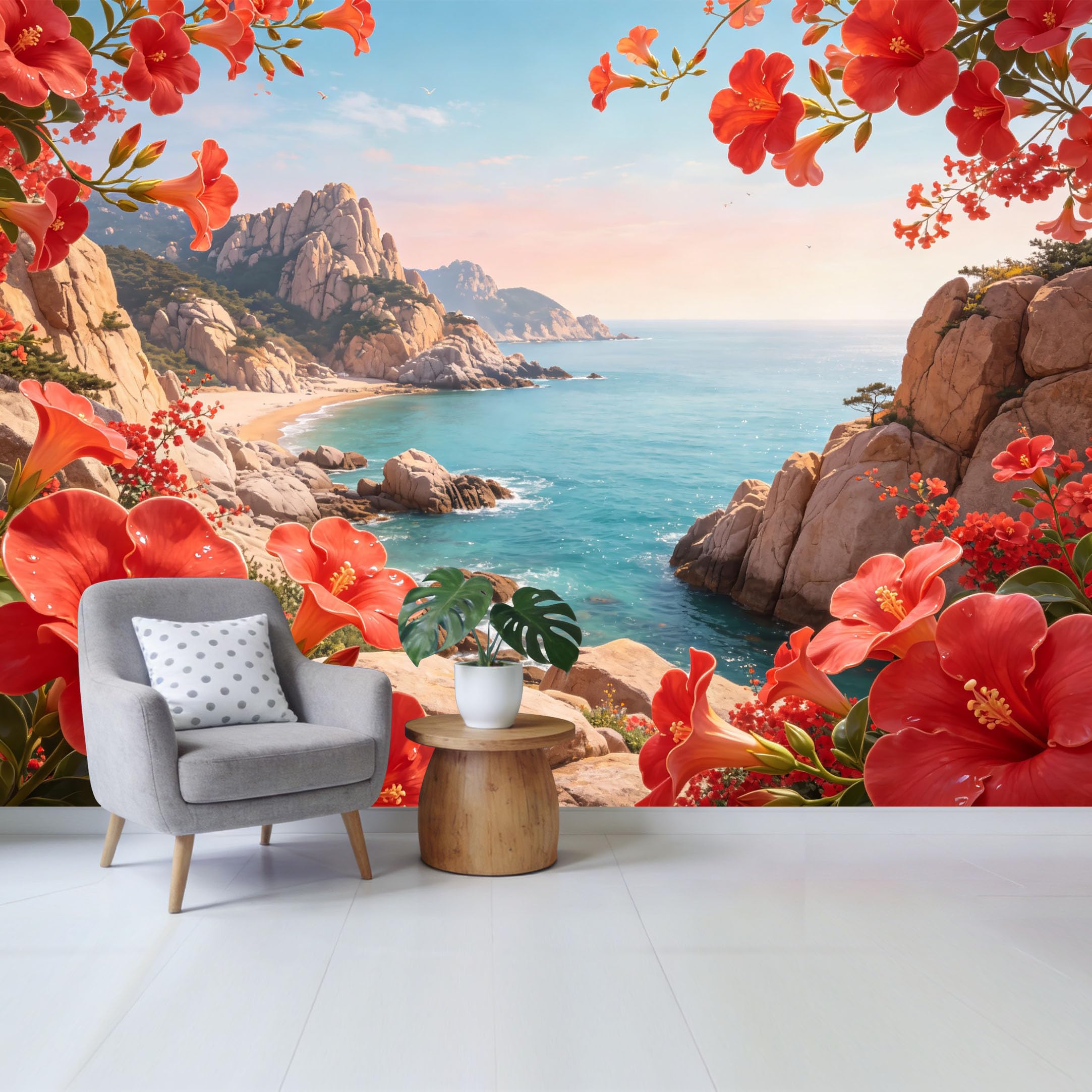 Custom Size Wall Mural Tropical Hibiscus Flower Coastal Mountain Ocean Scenery SelfAdhesive Wall Fabric Removable Wallpaper for Home Office Decor