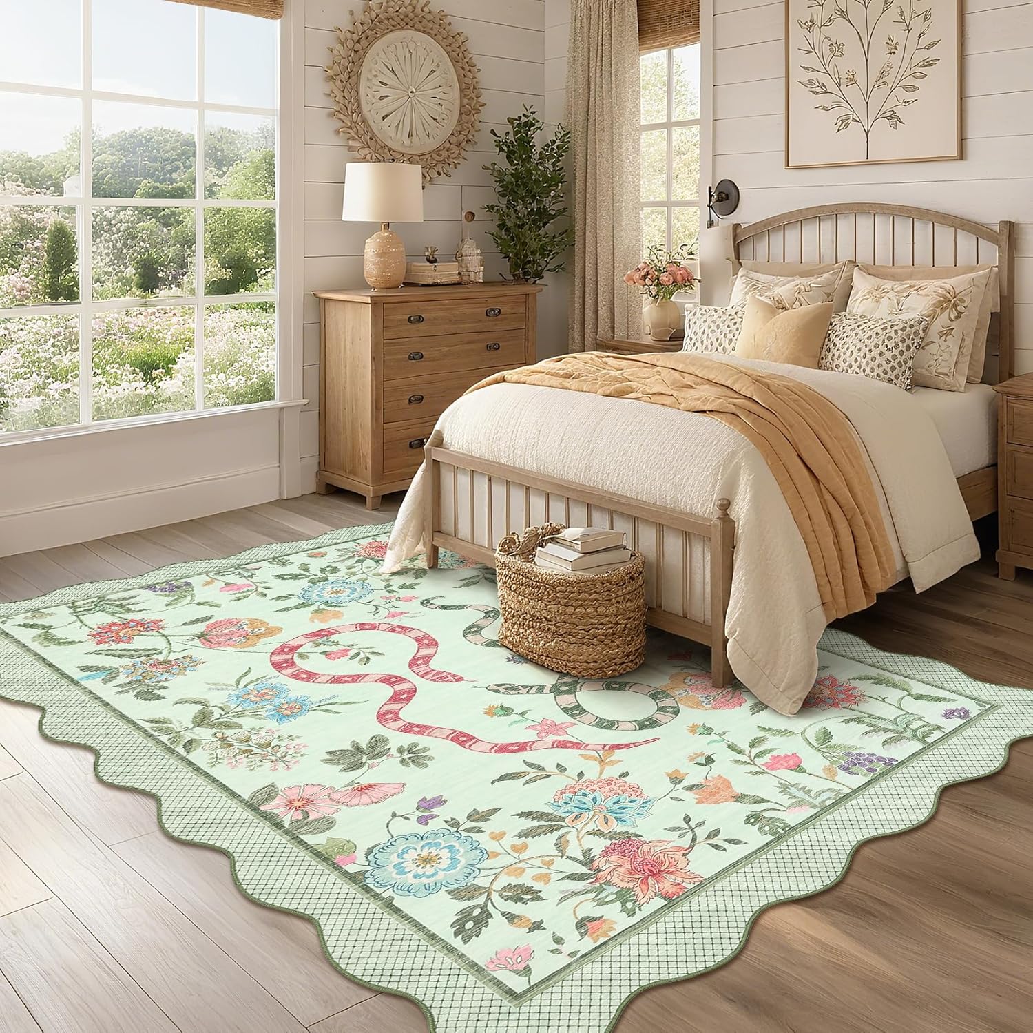 Garvee Snake Washable Area Rugs 5x7 Boho Scalloped Living Room Rugs, Botanical Floral Bedroom Rug, Stain-Resistant Low Pile Floor Carpet for Dining Room Dorm Nursery Playroom Farmhouse Office,Green