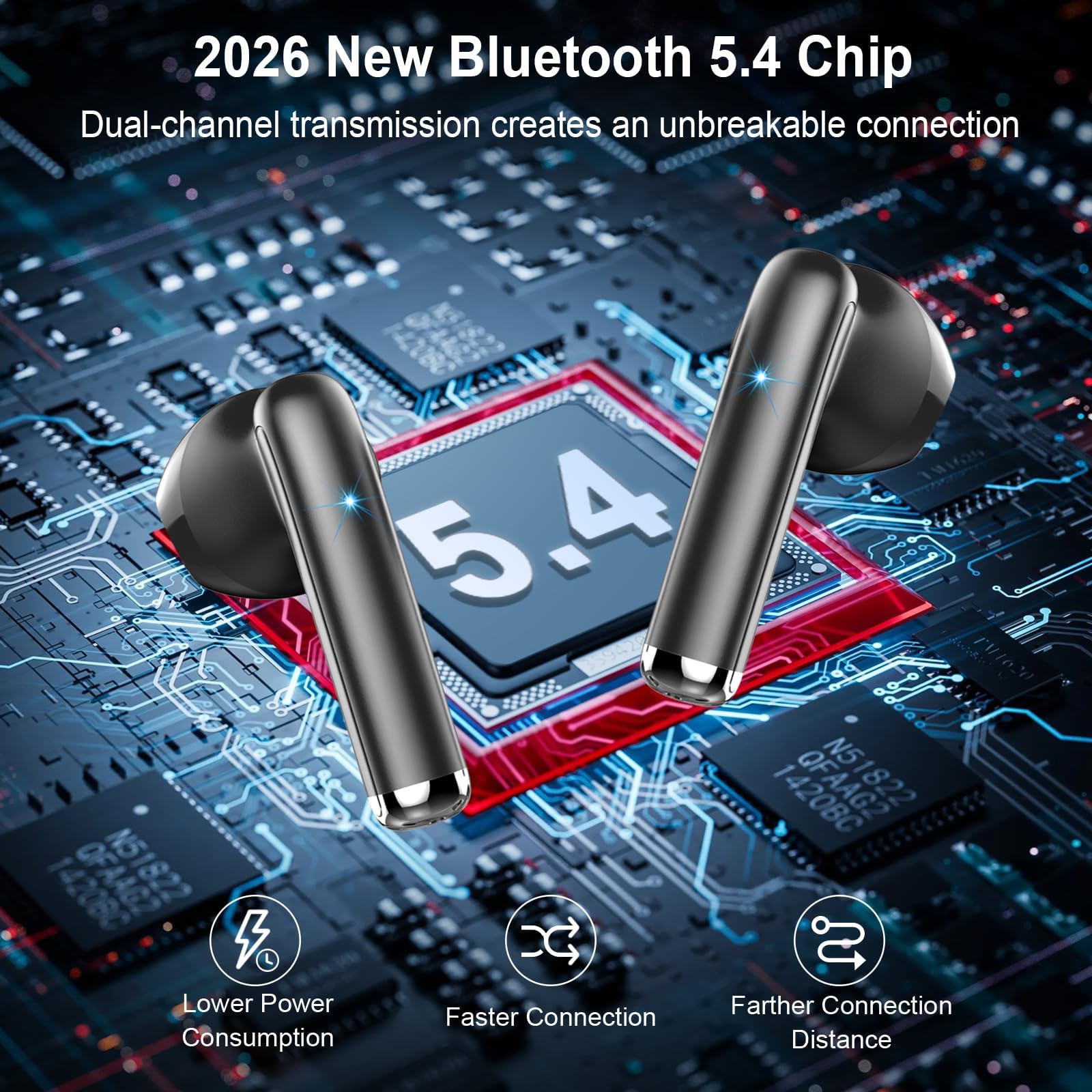 Auriculares Bluetooth 5.4, 2026 Nuevo Auriculares Bluetooth 6D Estéreo Auriculares Inalámbricos In Ear con 4 ENC Mic, 30Horas Auriculares Inalámbricos Cancelación Ruido Auriculares Deportes Earbuds