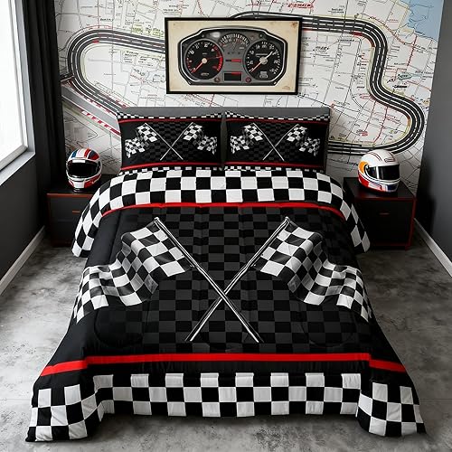 Juego de edredón con diseño de auto de carreras para niños tamaño queen, decoración para dormitoriosala de juegos para niños y adultos, edredón