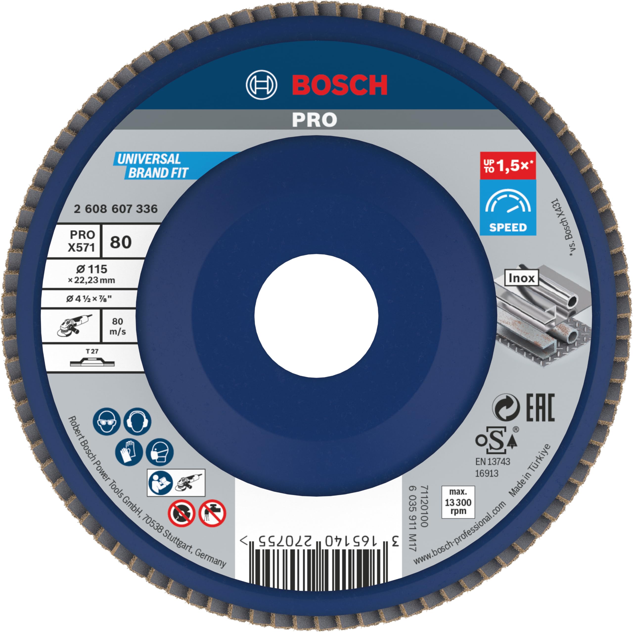 Bosch Blue/Brown 1X Pro Metal X571 Flap Disc Straight Version Plastic For Small Angle Grinders (For Steel, Stainless Steel, Ø 115 Mm, Grit 80, Professional Accessory Small Angle Grinder)