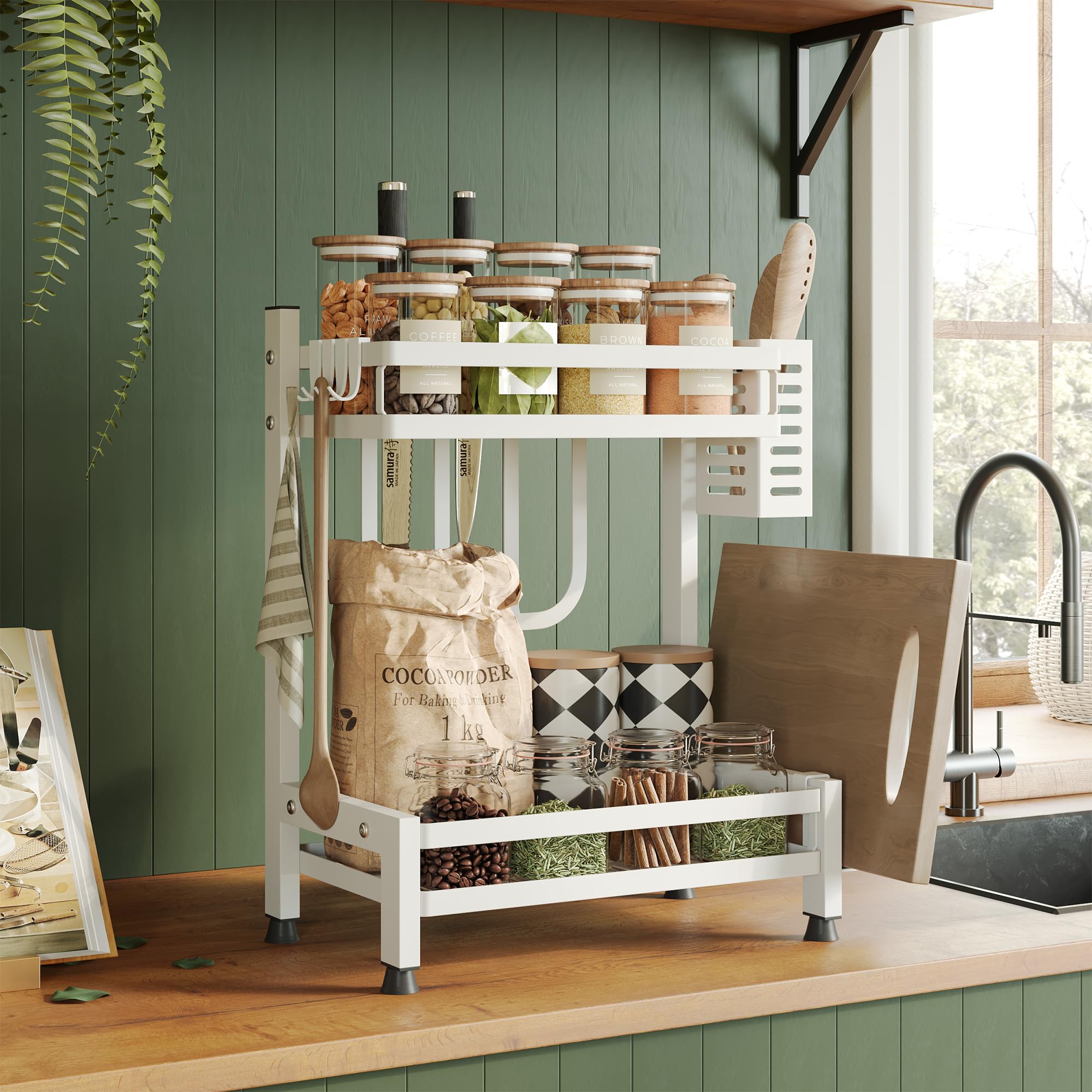 NETEL Supporto Porta Spezie da Appoggio a 2 Livelli, Antiruggine Mensola Portaspezie Ripiani Salvaspazio Organizer per Cucina con Ganci, 32.5 * 20 * 40cm, Bianco