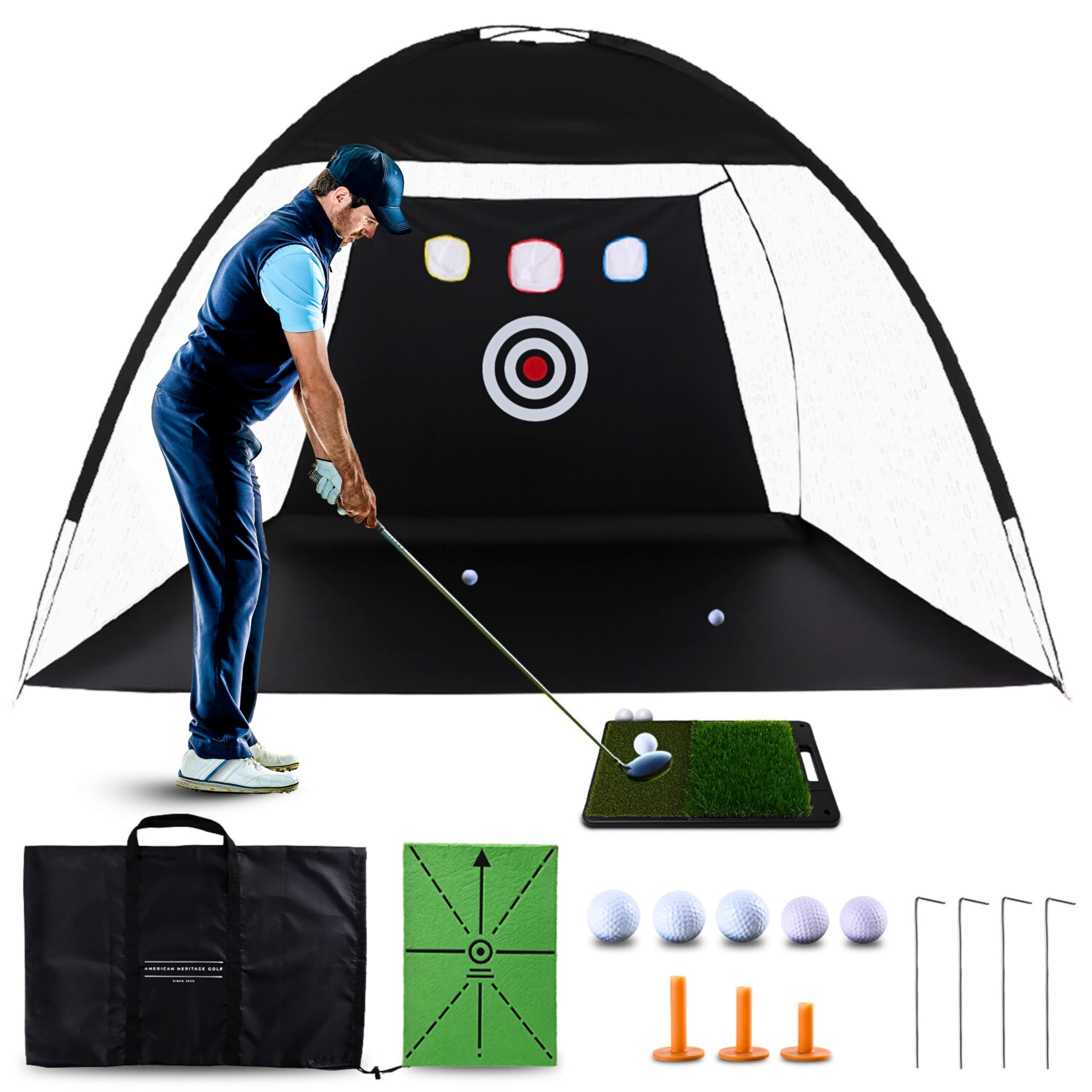 Golf Practice Net with Dual Mats, 3 Tees & 5 Balls – Golf Training Net for Indoor/Outdoor Swing Practice, Backyard Driving & Chipping Set, Portable