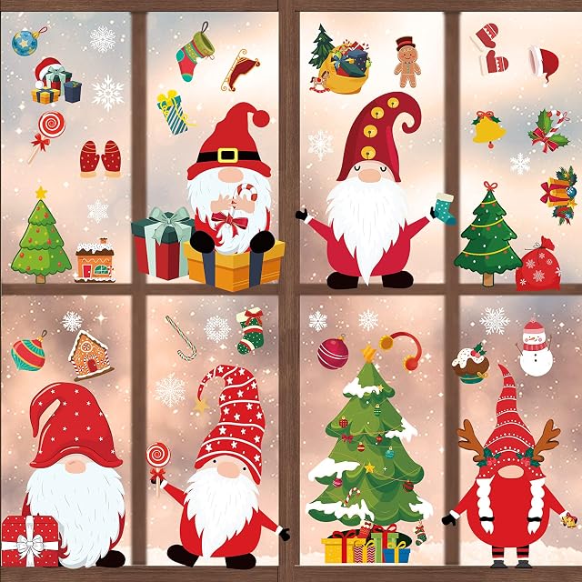 400 Pcs Christmas Window Stickers 12 Sheets Reusable Christmas Window Decorations Gnome Christmas Decorations for Windows Gonk Window Christmas Decorations Home Office Classroom Christmas Theme Party