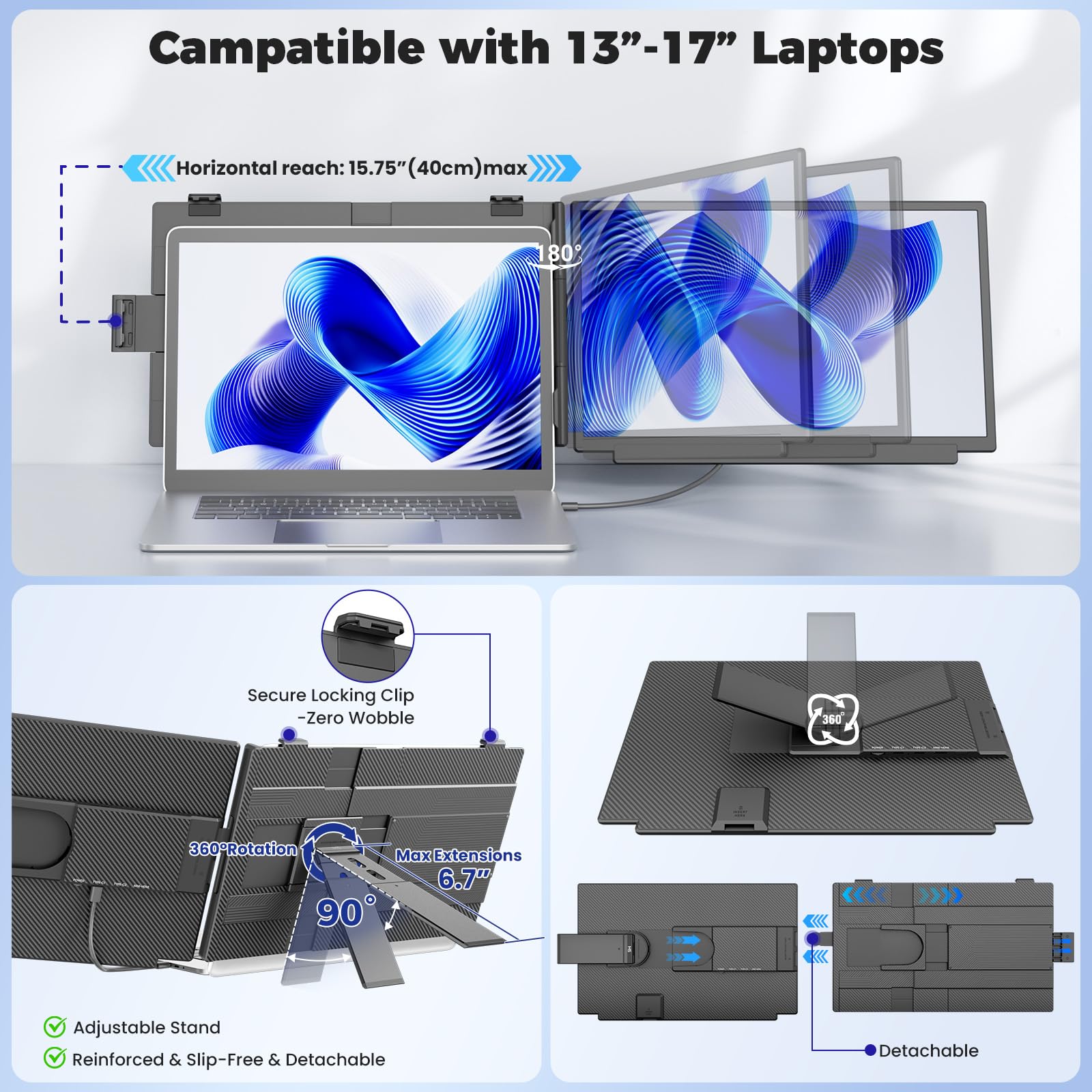 Extensor De Pantalla para Portátil de 15.6" Monitor Portátil IPS 1080P FHD, Doble Pantalla para Portatil de 13 a 17» Plug & Play para Windows/Mac/Android/Switch/PS5