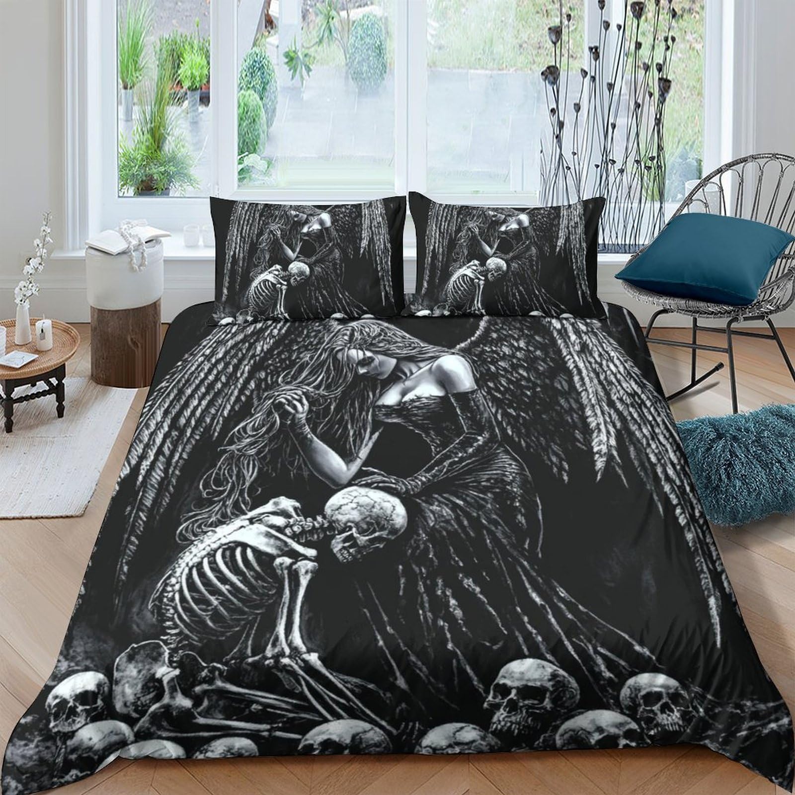 Ctjqhvkz Style-9 3D Printed Gothic Angel Skeleton Fitted Sheet Microfiber Artistic Bedroom Bed Cover Decor Anti-Dust For Home Dorm Single（135X200cm）