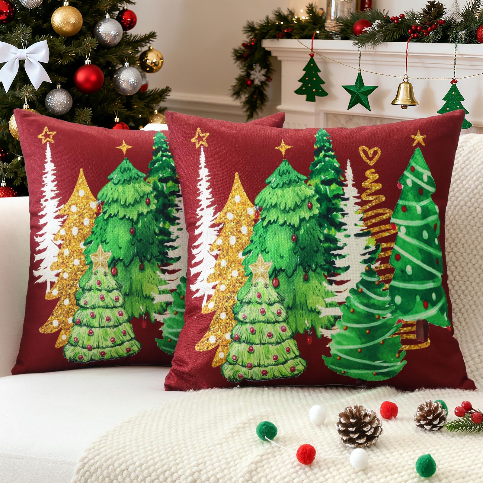 JOTOM Set of 2 Christmas Cushion Covers 45x45 cm Christmas Tree Double Sided Printed Decorative Red Pillow Covers Winter Holiday Cushion Cases Xmas Decoration for Home Couch Bed Sofa Decor (Red)