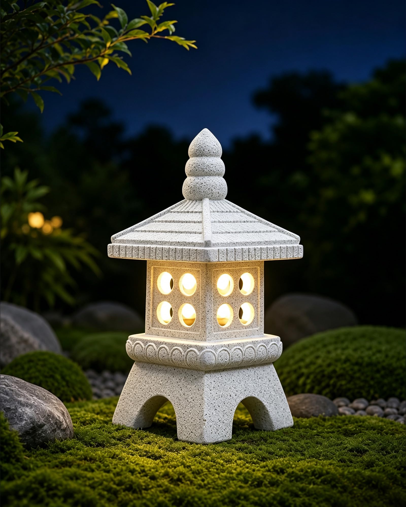 Yeomoo Pagoda solar con iluminación LED decorativa grande – piedra zen decoración de jardín de resina para jardín, terraza e interior – resistente a la intemperie, figura de jardín zen regalos para