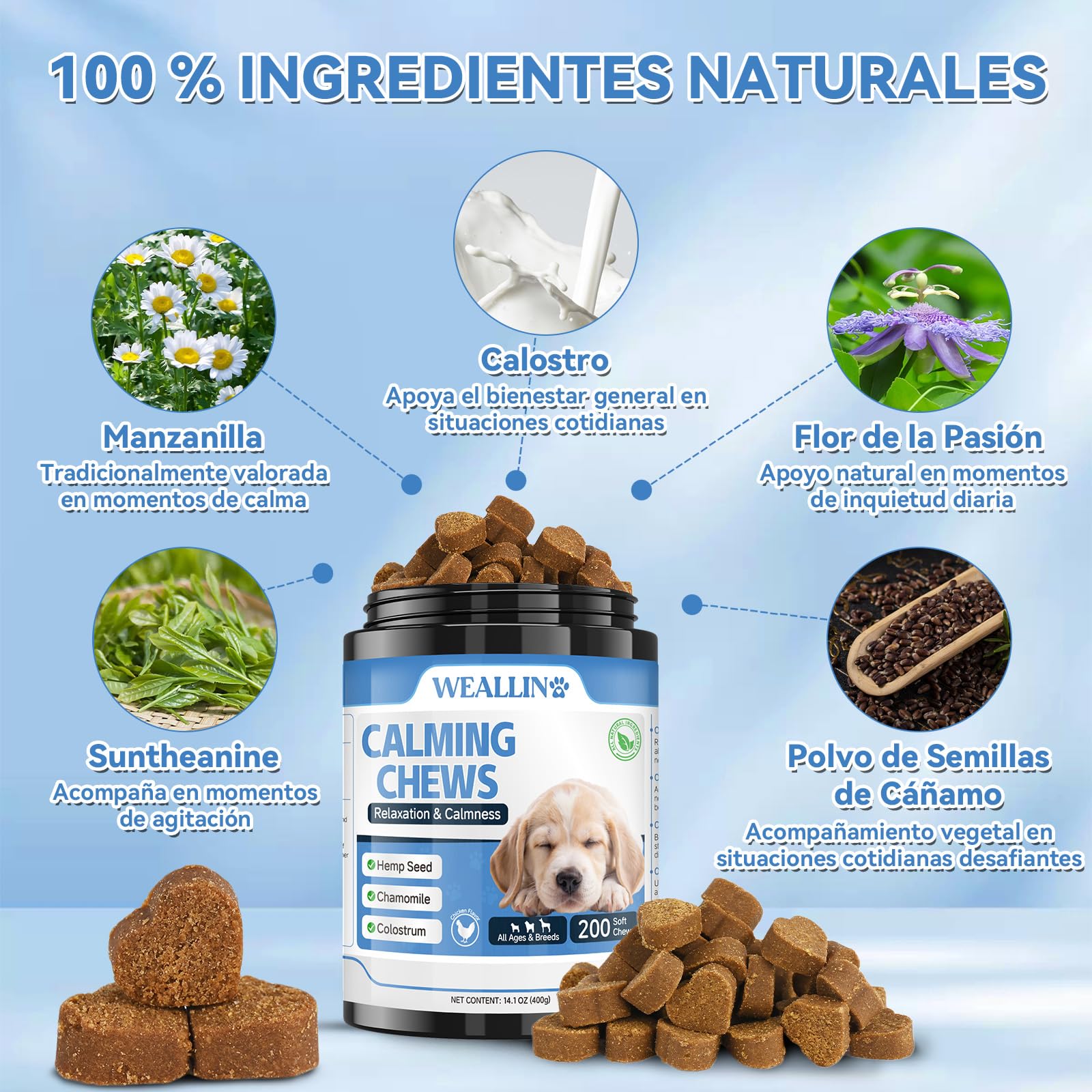 WEALLIN Masticables Calmantes para Perros, 200 Unidades para Apoyar la Calma en Perros, Separación, Ladridos, Viajes, Fuegos Artificiales, para Todas Las Razas y Tamaños, Sabor a Pollo