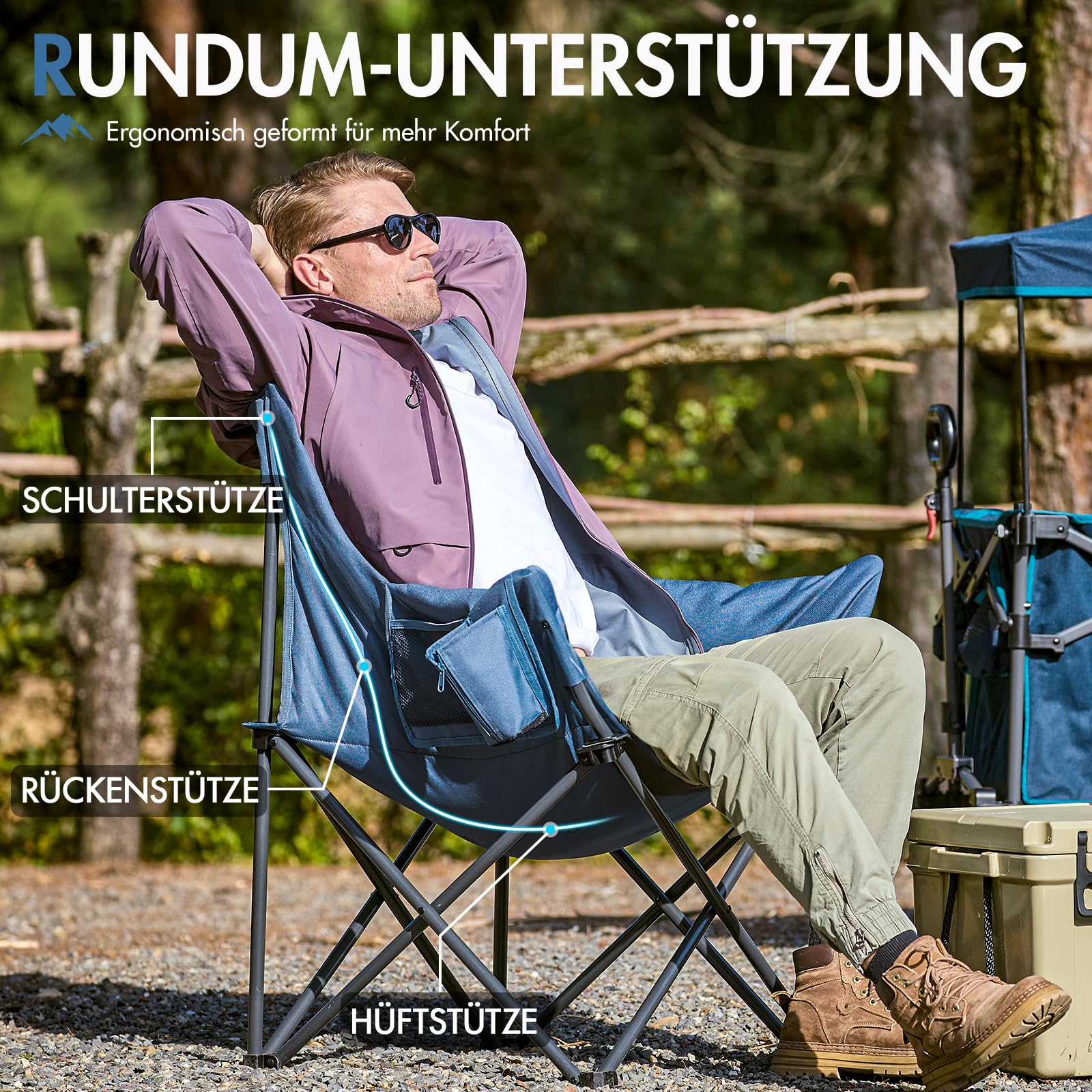 Portal Campingstuhl Faltbar Klappstuhl Camping Klappbar Super Weich 150kg Belastbar Faltbarer Angelstuhl XXL Dick Gepolstert mit Armlehnen Outdoorstuhl Schwarz