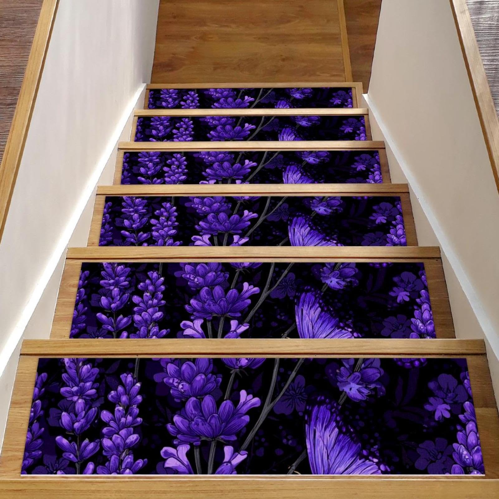 Tapis d'escalier antidérapants lavande : lot de 15 marches bois réutilisables