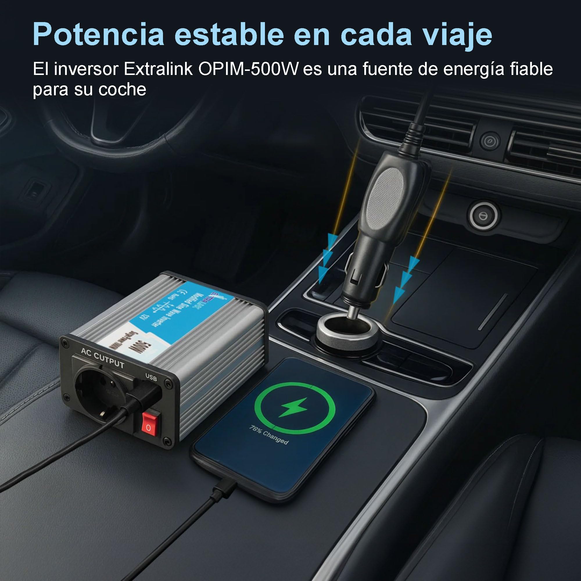 EXTRALINK Inversor 12V 220V Onda Modificada 500W 1000W Pico – Convertidor 12V 200V con USB, Enchufe de mechero, Ventilador y Protección Cuádruple – para Coche, Autocaravana, Barco, Camping, Solar