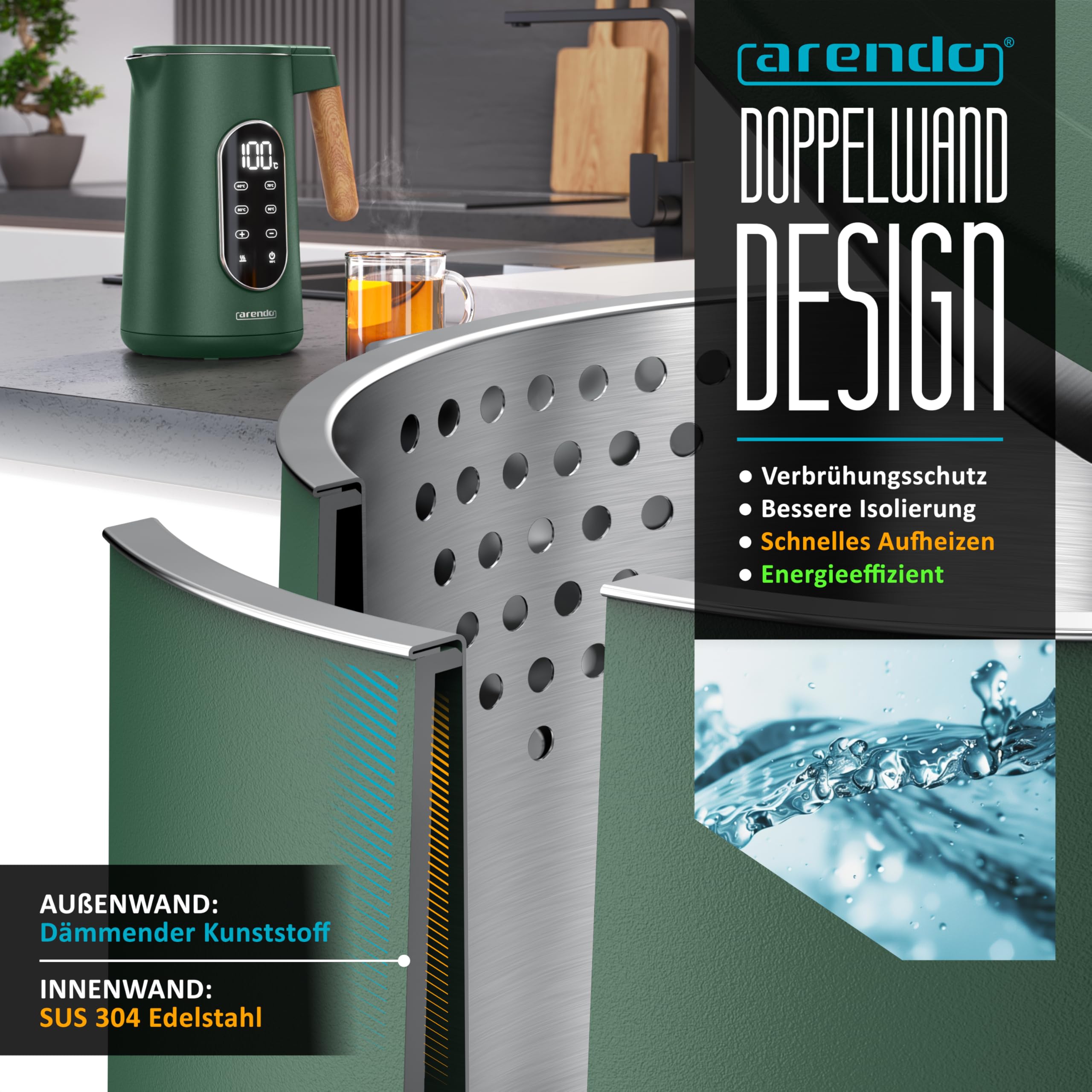 Arendo - Edelstahl Wasserkocher mit Temperatureinstellung 40-100°C - Doppelwand Design Cool Touch - Display im Gehäuse - Kabellos - 2200 W - 1,7L – Überhitzungsschutz – Warmhaltefunktion - BPA-frei