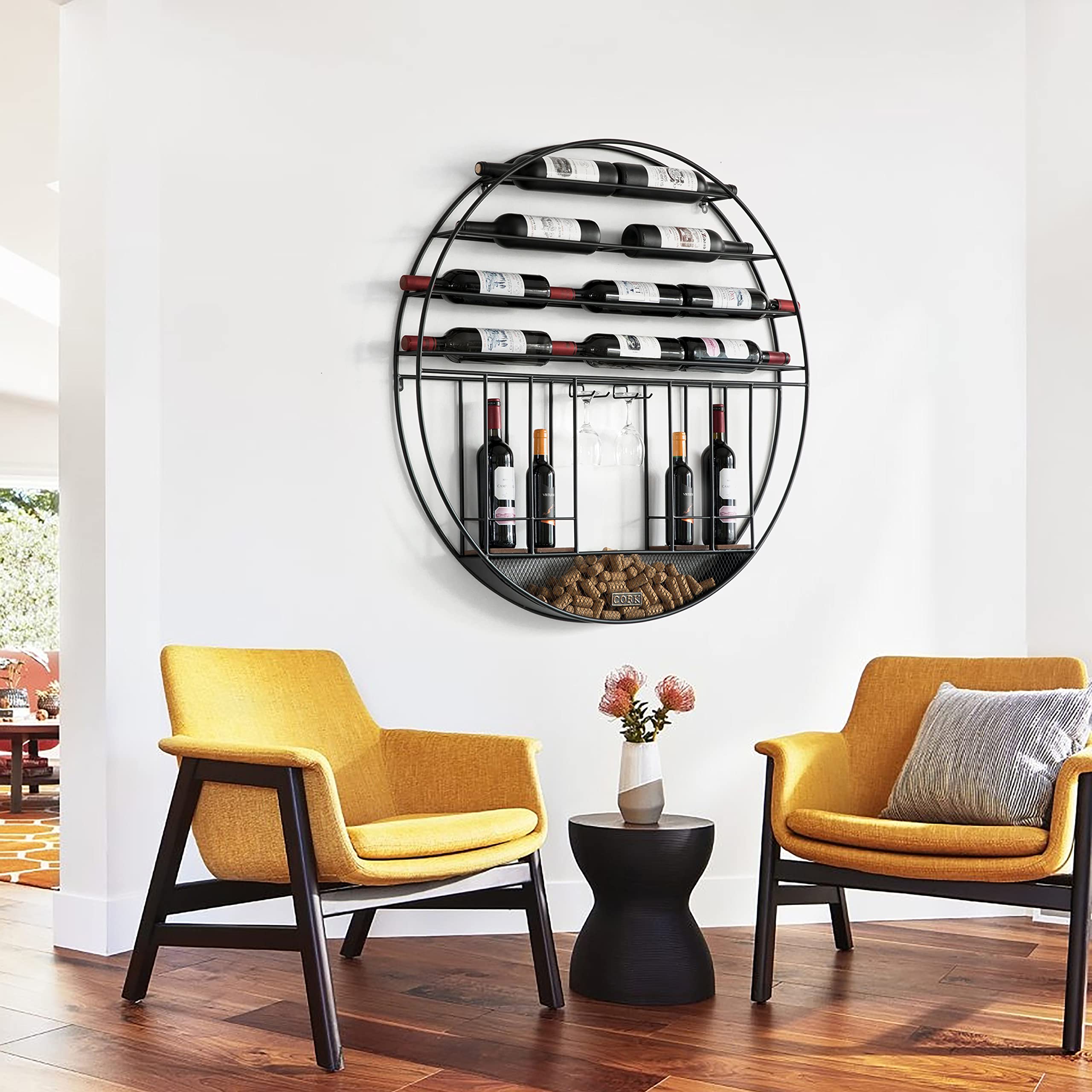Vintage Decorative Modern Black Metal Round Wall Mounted Wine Display Rack