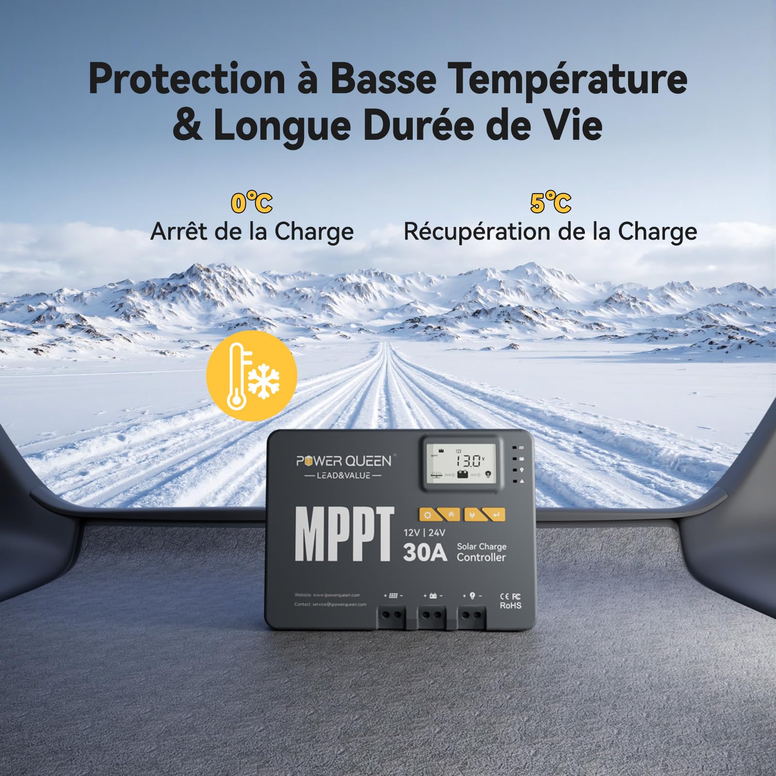 Power Queen Régulateur de charge solaire MPPT 12/24 V 30 A 900 W max, module Bluetooth, écran LCD, standard pour batterie LiFePO4, compatible avec batteries de | Puissance d'Entrée Maximale 900W,Module Bluetooth Intégré,Écran LCD,pour batterie LiFePO4 et