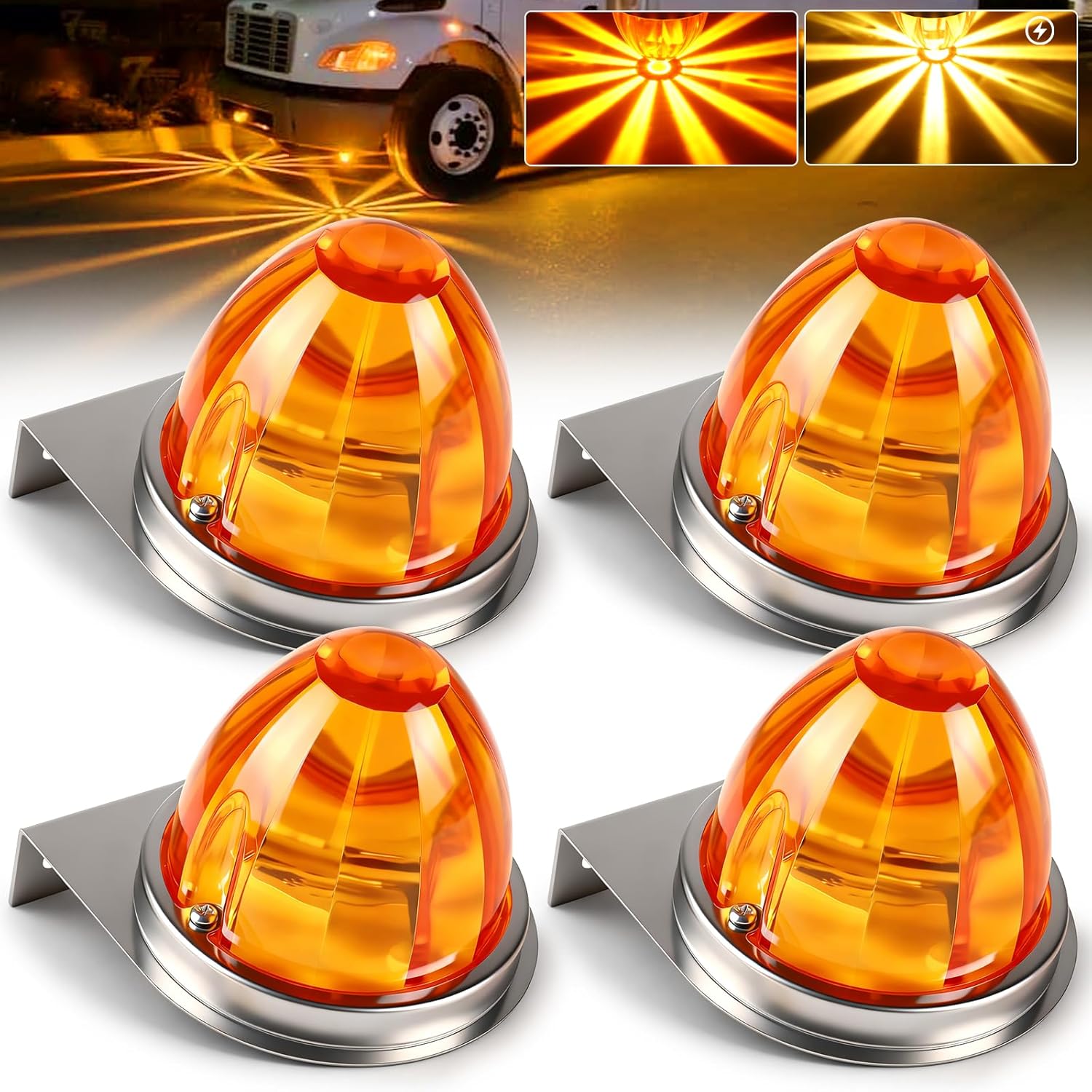 4Pcs Amber Glass Lens Watermelon Lights with Stainless Steel Bracket, Strobe & Constant Dual-Function Waterproof, LED Marker for Kenworth Peterbilt Freightliner Trucks