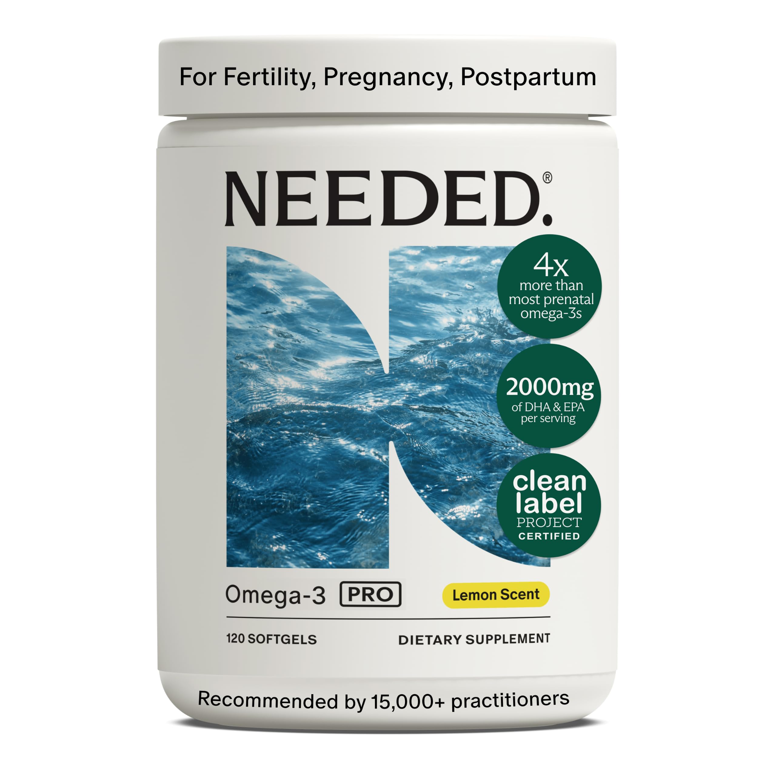 Needed. Prenatal Omega-3 - High Potency Dose of Sustainably Sourced Fish Oil, Lemon Zest Scented, 1000mg DHA, 1000mg EPA, Encased in a Gelatin-Free, Plant-Based Softgel Shell, 30-Day Supply 120 Count (Pack of 1) Lemon Zest
