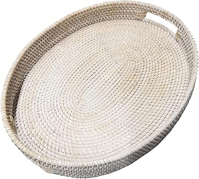 i-lan 17 Inch White Oval Rattan Extra Large Rattan Severing Tray Platter with Handle for Fruit,Breakfast,Drinks,Natural Wicker Woven Serving Basket Ottoman Tray for Coffee Table