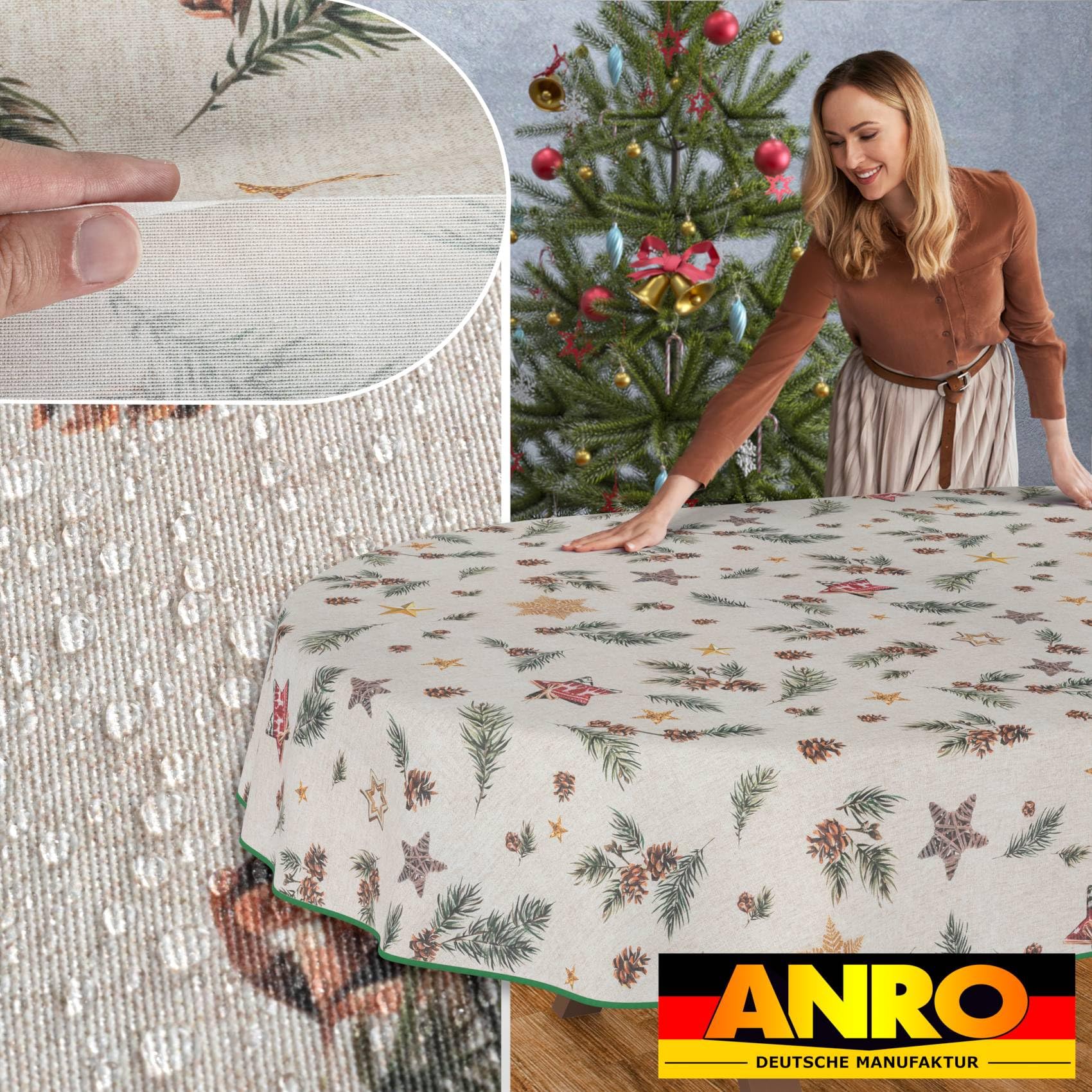 ANRO Tischdecke abwaschbar Weihnachten Stern mit Saum oval 180x140 cm