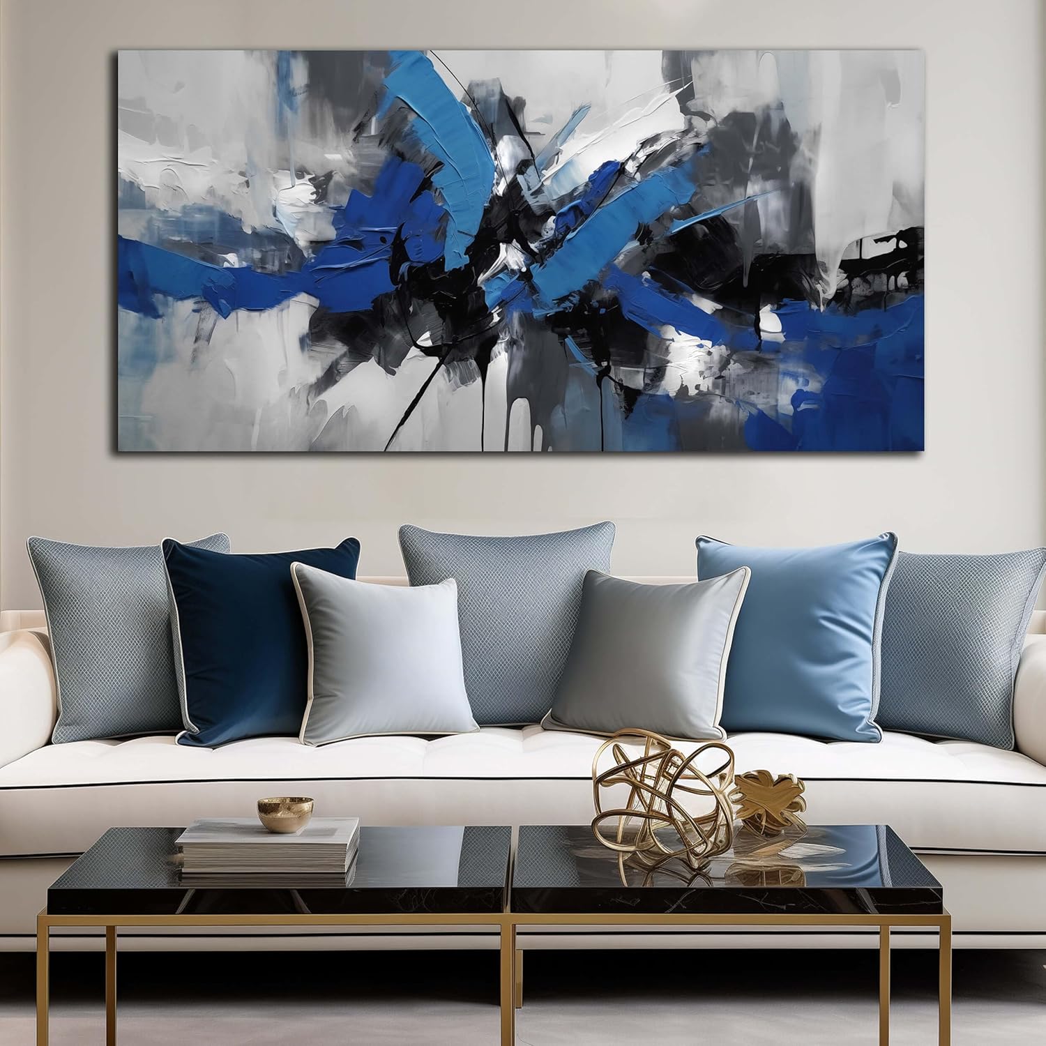 Large Abstract Wall Art for Living Room Canvas Wall Art Blue Black and White Pictures Wall Art for Living Room Bedroom Office Bathroom Kitchen Modern Canvas Artwork Decor Minimalist Artwork 29"x 58"